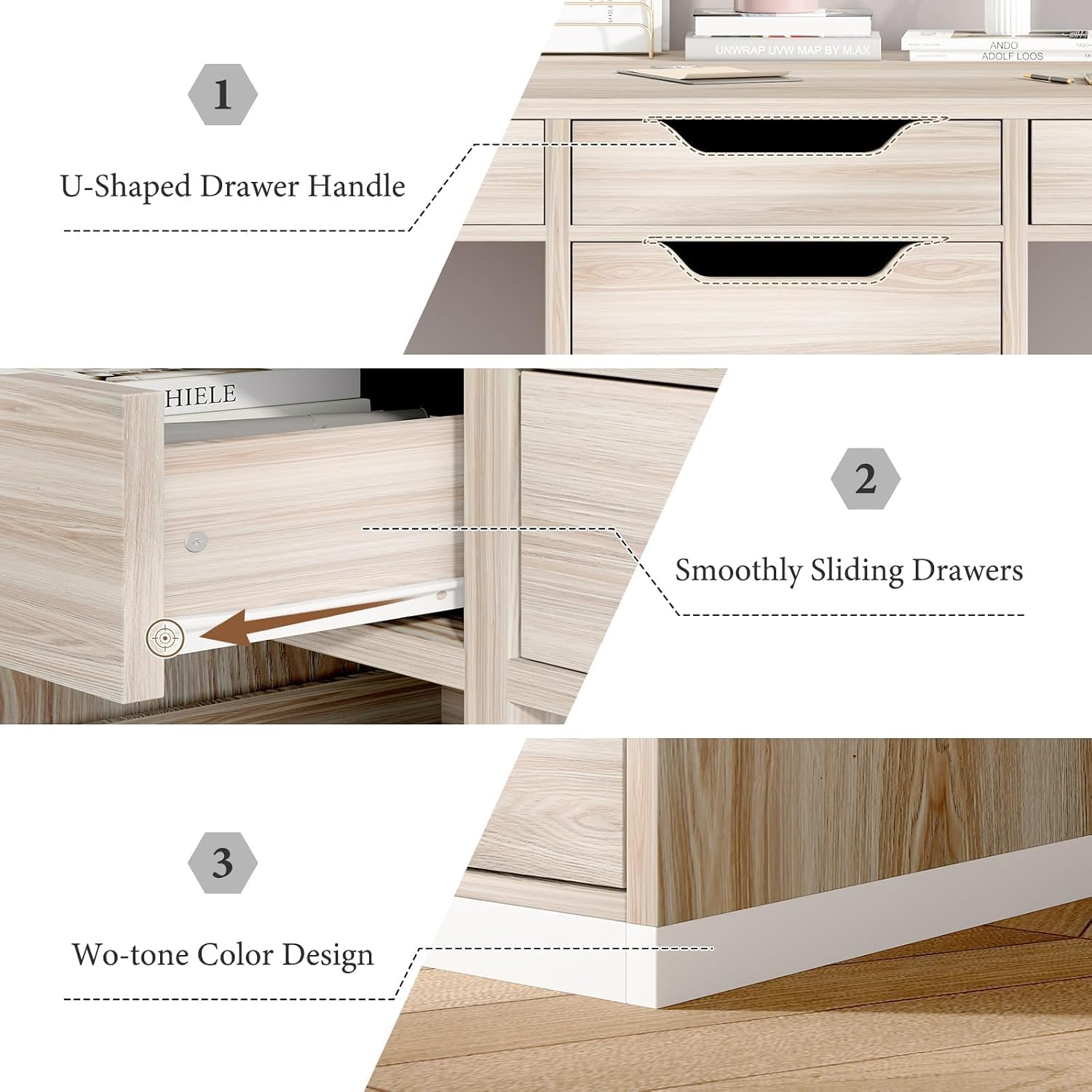 MaverickFurni Two Person Desk with 5 Drawers, Double Desk with Storage for 2 People, 78 Inch Extra Long Computer Desk Workstation with File Drawer for Home Office, White and Walnut