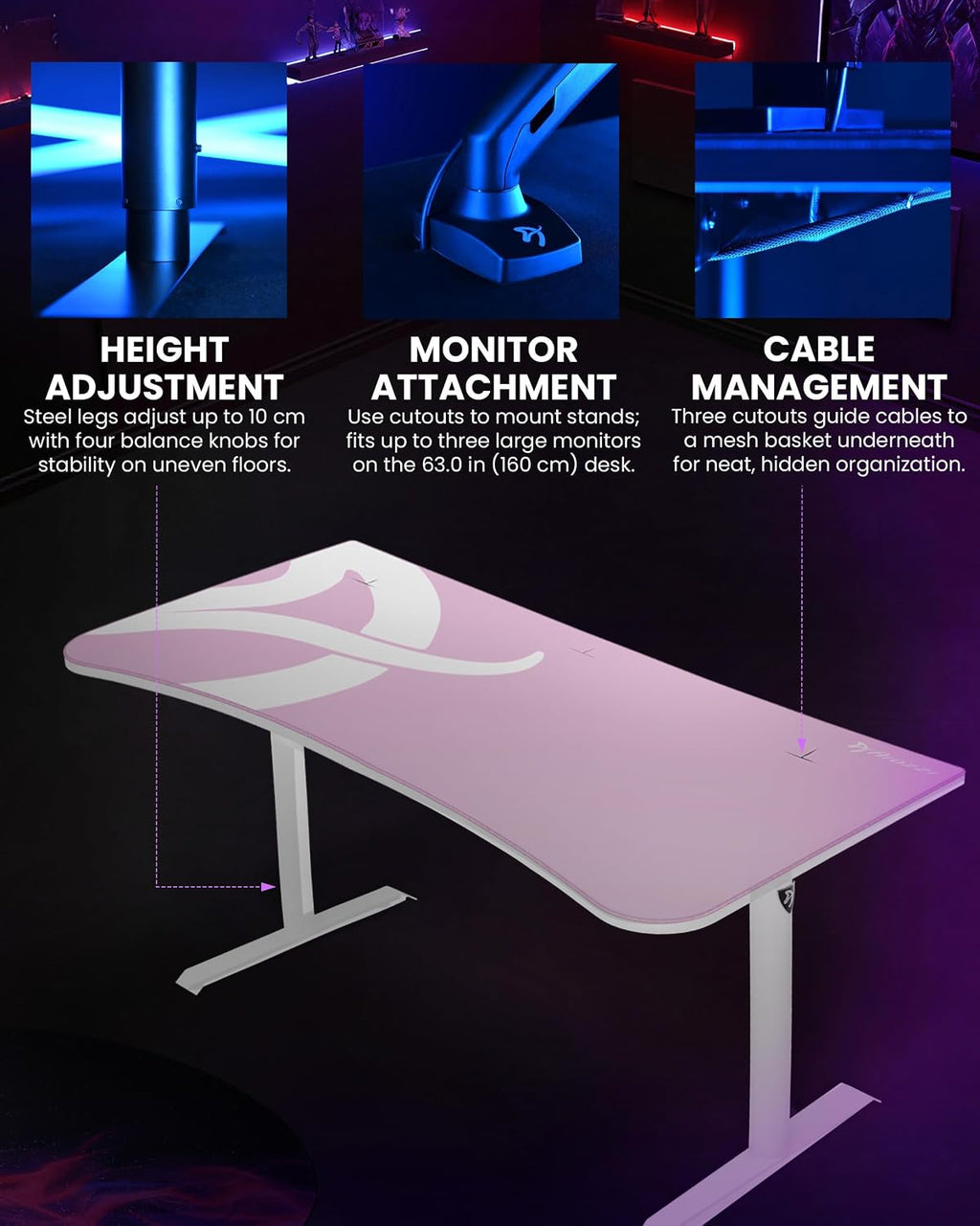 Arozzi Arena Ultrawide Curved Gaming and Office Desk with Full Surface Water Resistant Desk Mat Custom Monitor Mount Cable Management Cut Outs Under The Desk Cable Management Netting - Pink