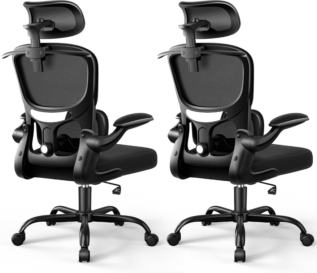ALLGOD Ergonomic Office Chair, Mesh Desk Chair with Lumbar Support, High Back Home Office Chair with Adjustable Headrest and Flip-Up Arms, Comfortable Computer Chair, Thick Cushion, Black-2 Pack