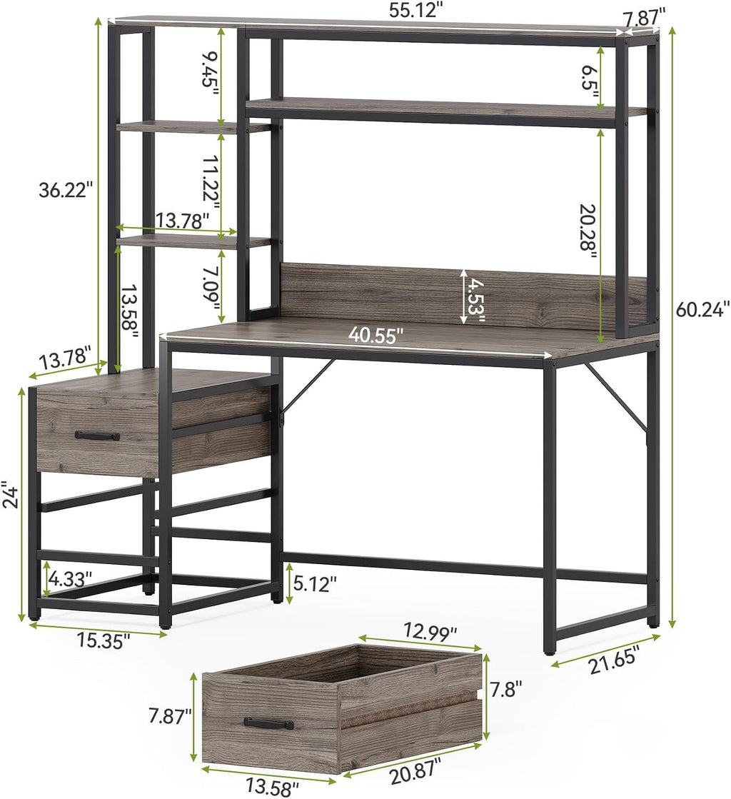 LITTLE TREE Computer Desk with Drawers and Hutch, Small Wooden Writing Desk with Storage Shelves for Bedroom, Rustic Desk for Home Office Desk, Gray