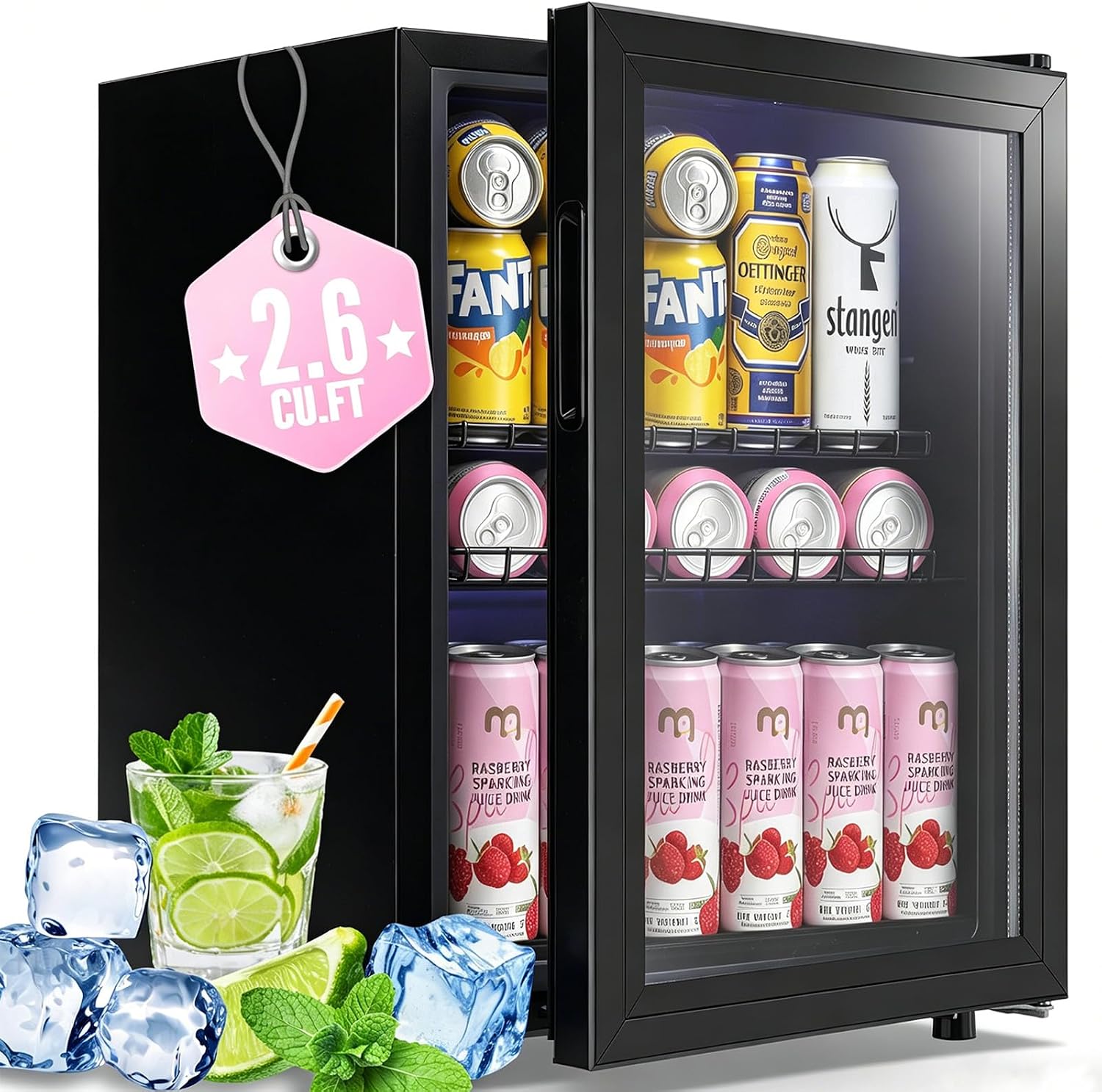 WANAI Beverage Refrigerator and Cooler with Glass Door - 80 Can Capacity, 2.6 Cu.ft Small Beer Fridge for Drinks, Soda, Wine- Mini Cooler with 7 Adjustable Temperature Control and Blue LED Light