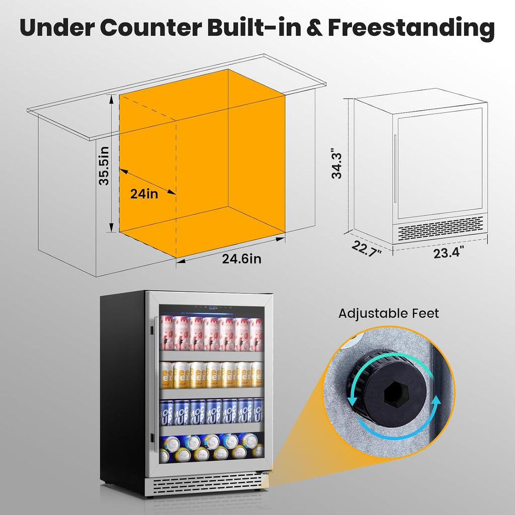 24 Inch Beverage Refrigerator,190 Cans Freestanding/Under Counter Beverage Fridge with Glass Door,Air Cooling Wine Beverage Cooler with Reversible Door,Memory Function for Wine,Beer and Soda