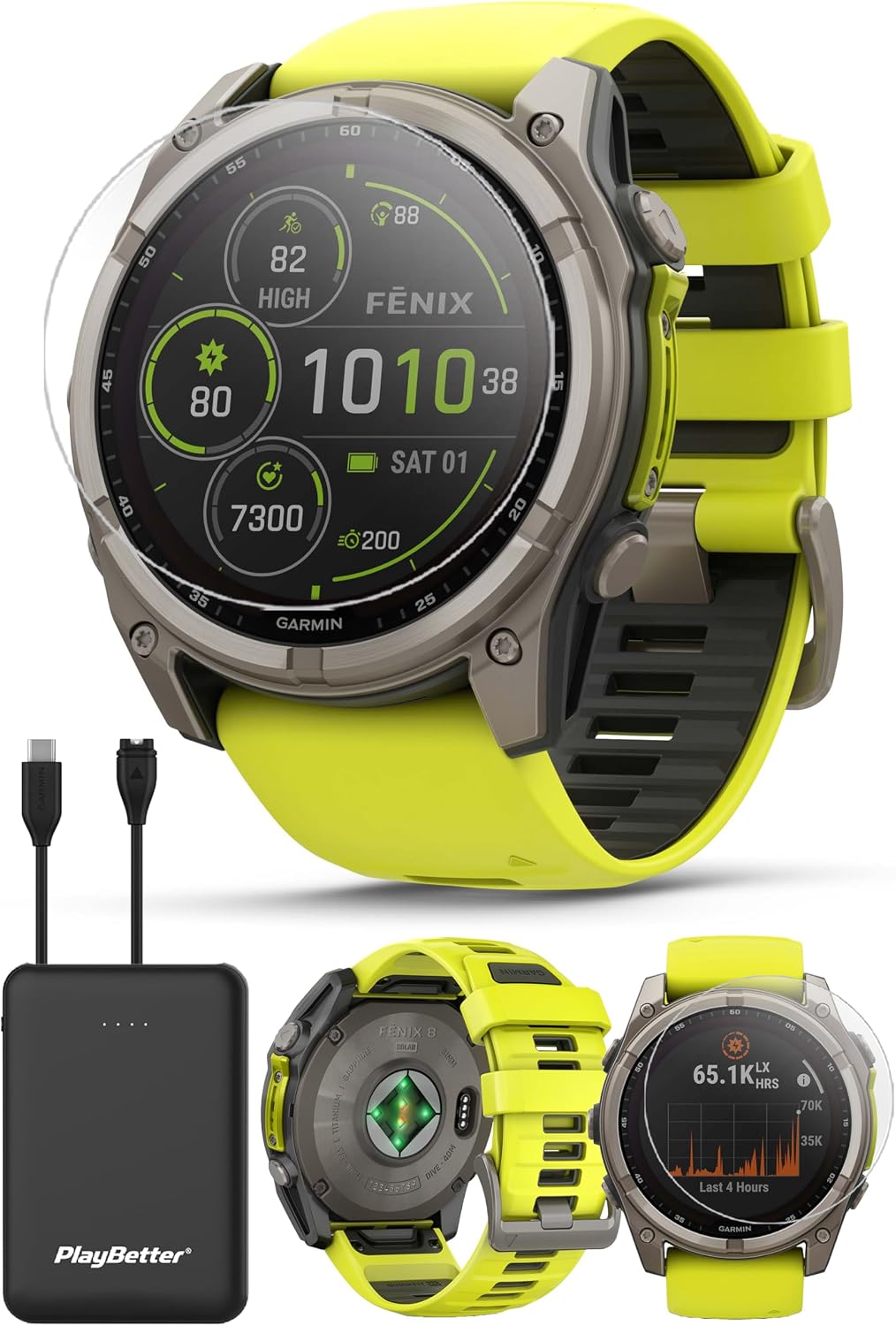 PlayBetter Garmin Fenix 8 Solar Sapphire (51mm, Titanium/Amp Yellow) Multisport GPS Smartwatch Bundle - 1.4' Touchscreen, Built-in LED Flashlight Portable Charger & Screen Protectors