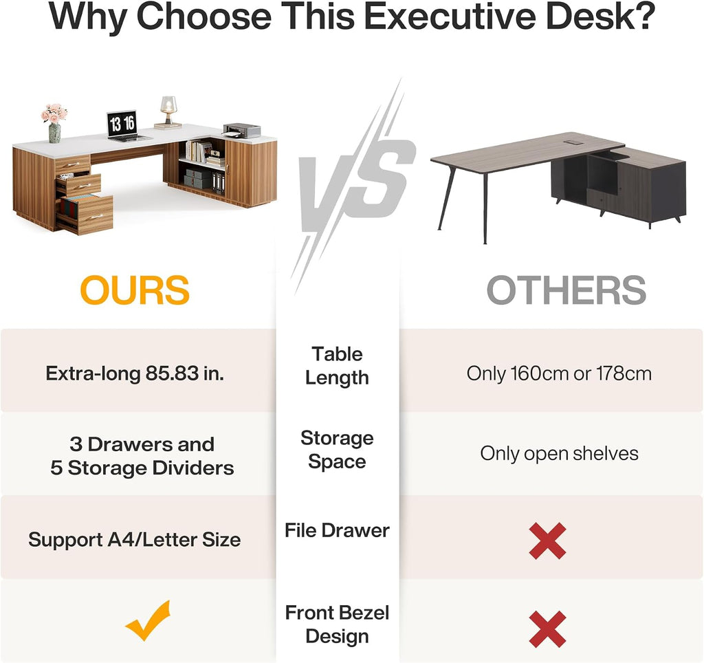 Tribesigns 85.8-Inch L-Shaped Executive Desk with File Drawers, Door Cabinet & Shelves, Extra Large Commercial Office Desk, Modern Professional Office Table, White & Brown Business Furniture