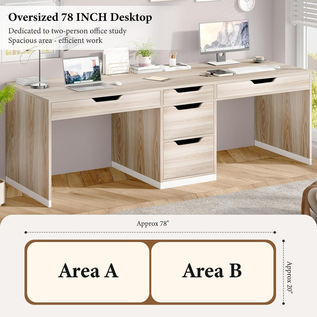 MaverickFurni Two Person Desk with 5 Drawers, Double Desk with Storage for 2 People, 78 Inch Extra Long Computer Desk Workstation with File Drawer for Home Office, White and Walnut