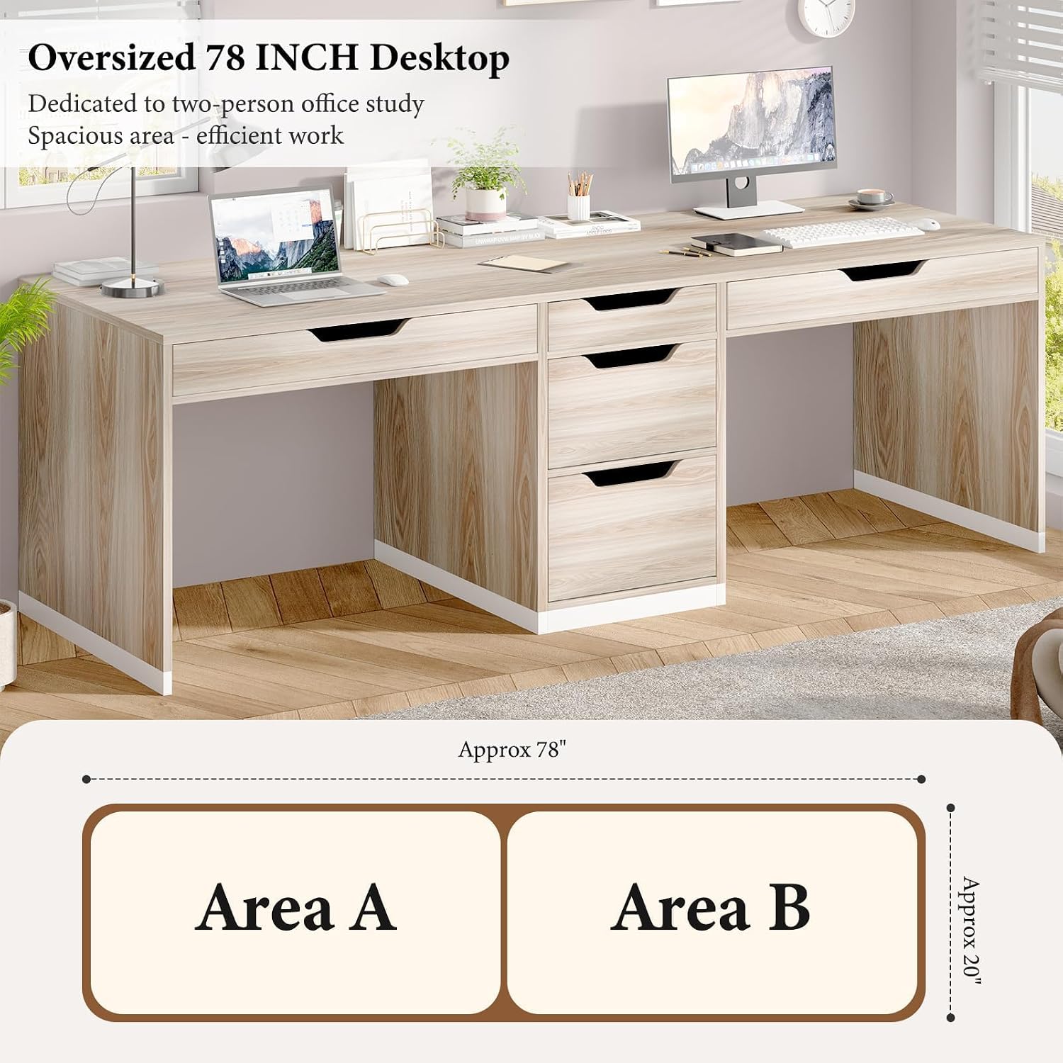 MaverickFurni Two Person Desk with 5 Drawers, Double Desk with Storage for 2 People, 78 Inch Extra Long Computer Desk Workstation with File Drawer for Home Office, White and Walnut