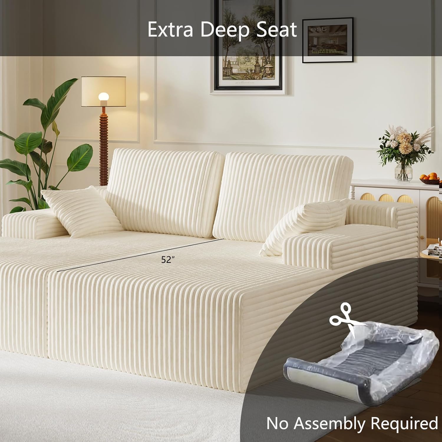 Modular Sectional Sofa, Boneless Couches for Living Room, L-Shape Sofa Couches,Cloud Couch Sectional, Comfy Corduroy Sofa, with Deep Seat, No Assembly Required (Beige, Loveseat Chaise)