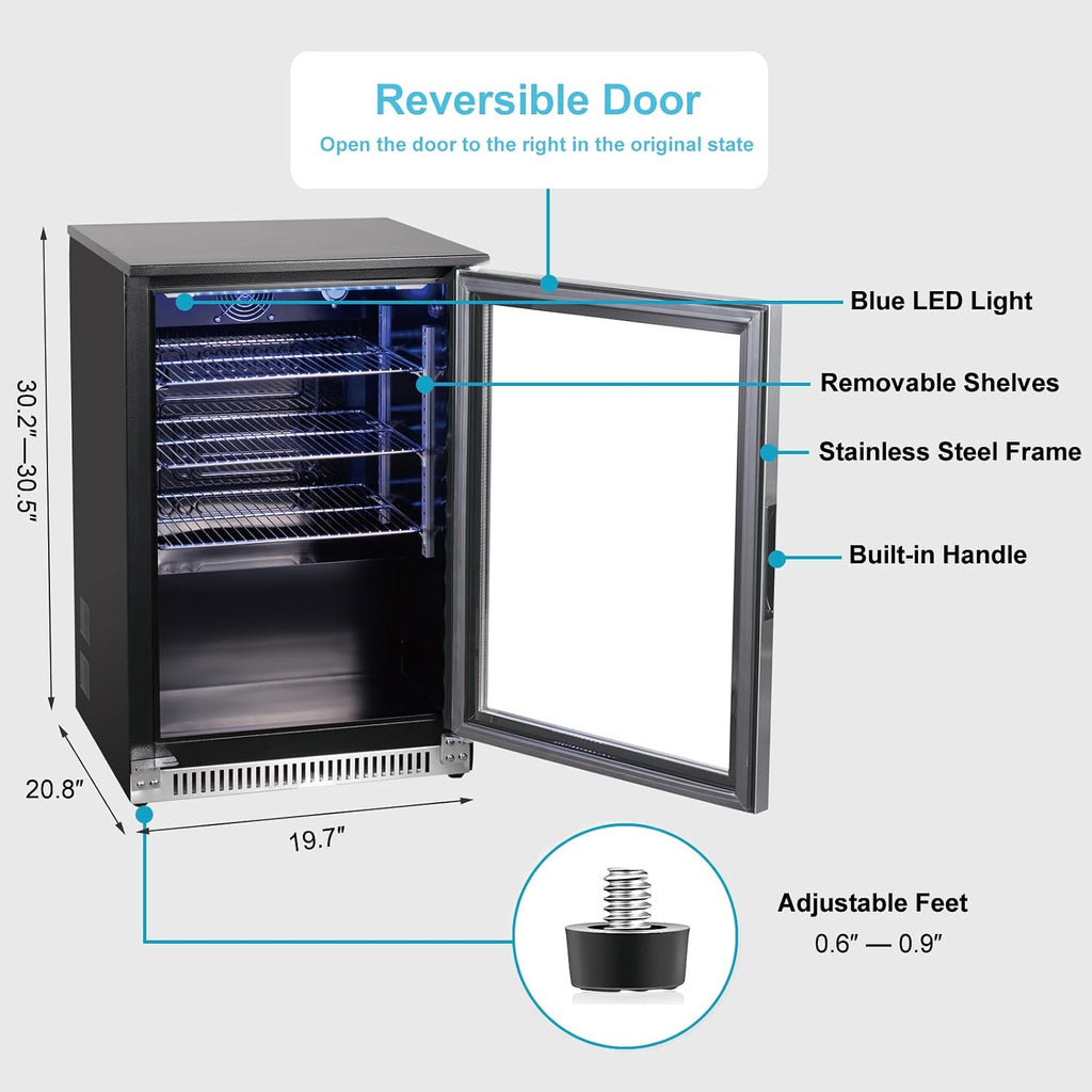 Weili 20 Inch Built in Beverage Fridge with Glass Door, 120 Can Under Counter Soda Beer Drink Refrigerator with Blue LED Light for Home Office or Bar, 36-50°F Auto Defrost