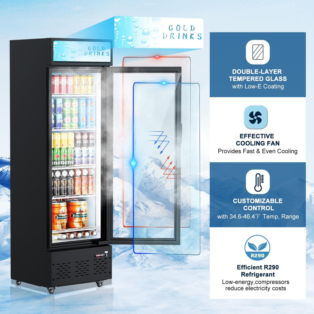 20.8''W Commercial Refrigerators, 11 Cu.ft. Glass Door Beverage Refrigerators Commercial Fridge Upright Display Cooler with Soft LED Light and Adjustable Shelves for Restaurant Grocery Stores