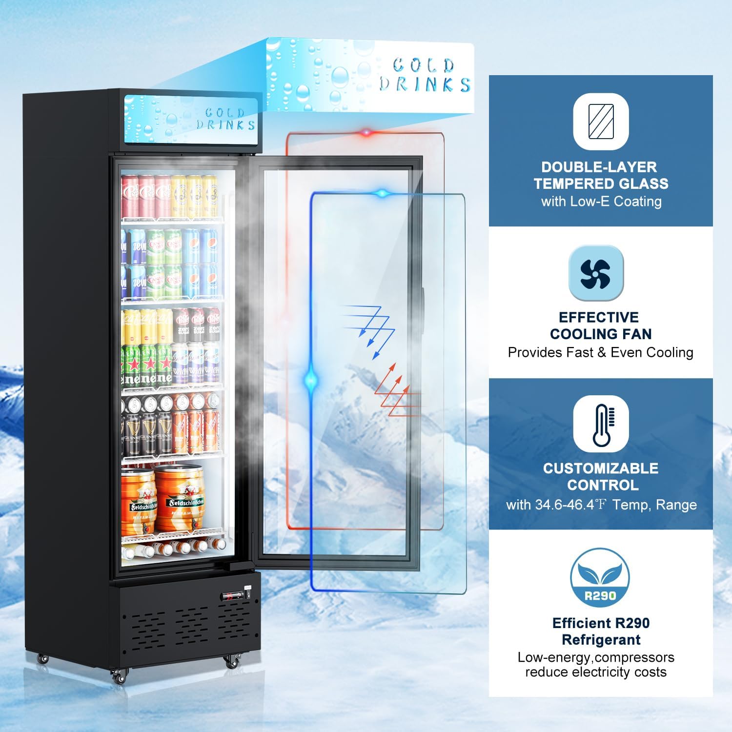 20.8''W Commercial Refrigerators, 11 Cu.ft. Glass Door Beverage Refrigerators Commercial Fridge Upright Display Cooler with Soft LED Light and Adjustable Shelves for Restaurant Grocery Stores