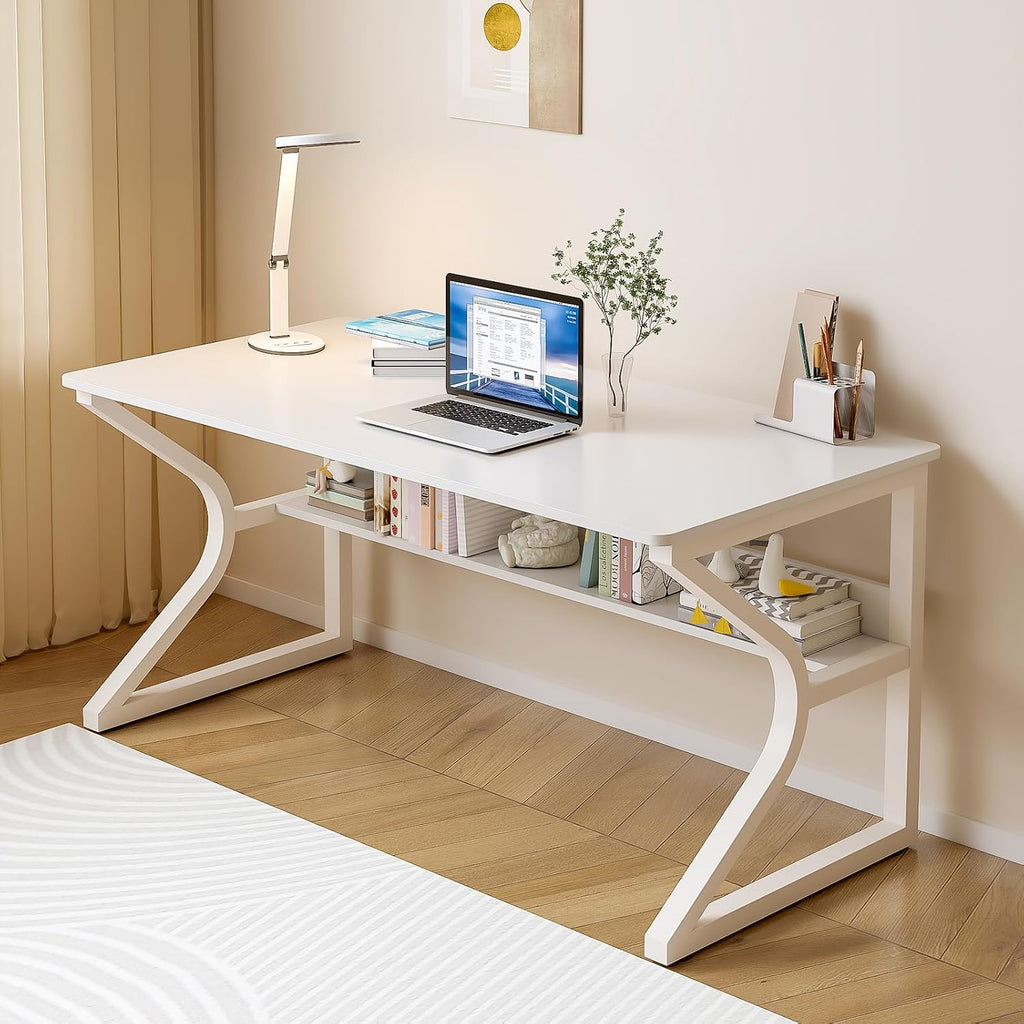 OSCHF Office Desk with Storage Shelf - 47.3' Long Writing Table for Single-Person Workstation, Modern Study Gaming Computer Desk, Warm White