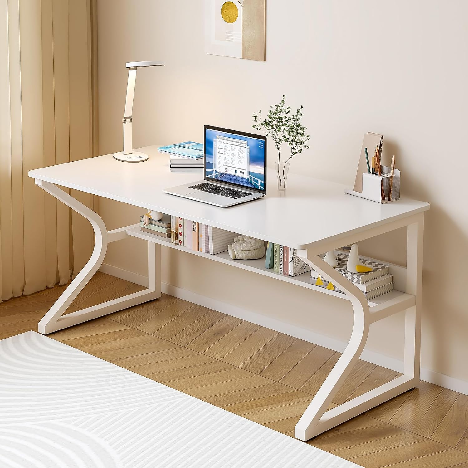 OSCHF Office Desk with Storage Shelf - 47.3' Long Writing Table for Single-Person Workstation, Modern Study Gaming Computer Desk, Warm White