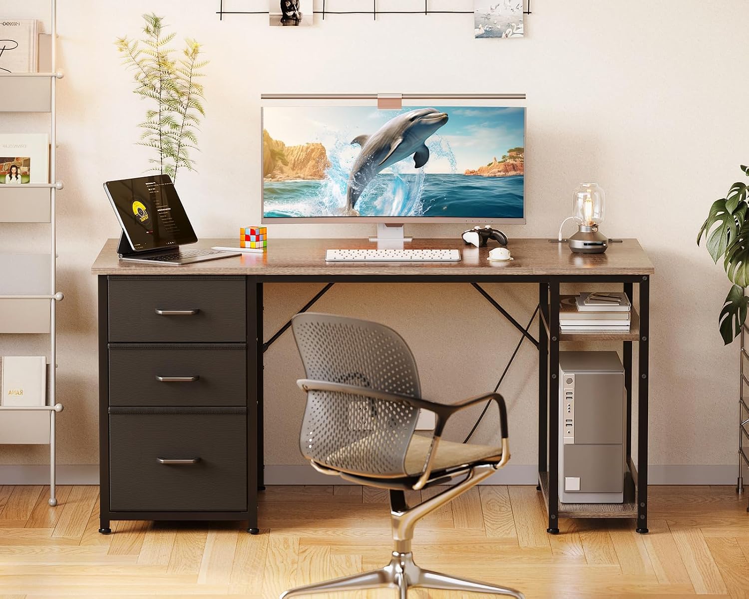 AODK 51 Inch Computer Desk with Fabric Drawers & USB Power Outlets - Reversible Home Office Desk with Storage Shelves, Work from Home, Modern Work/Writing/Study Table for Bedroom, Grey Oak