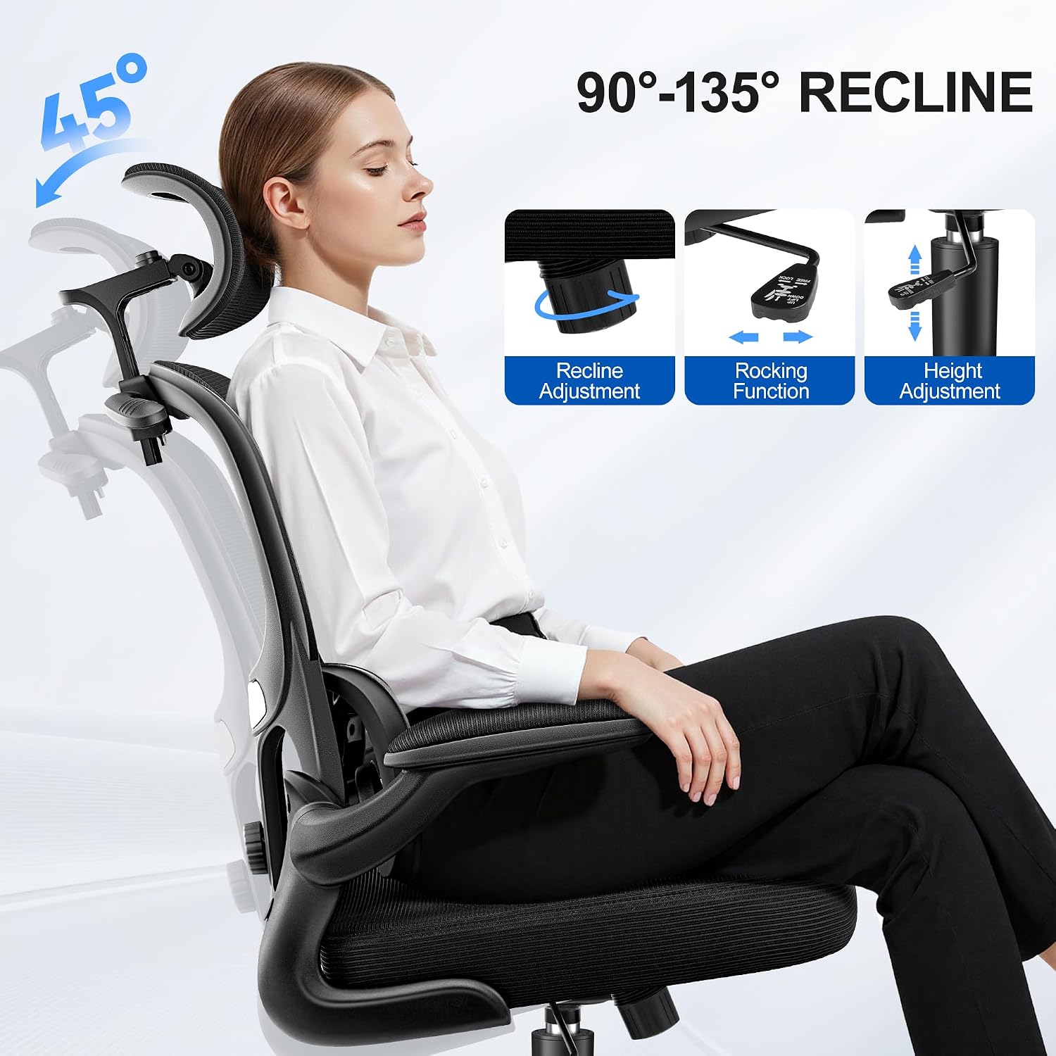 ALLGOD Ergonomic Office Chair, Mesh Desk Chair with Lumbar Support, High Back Home Office Chair with Adjustable Headrest and Flip-Up Arms, Comfortable Computer Chair, Thick Cushion, 300 LBS, Black