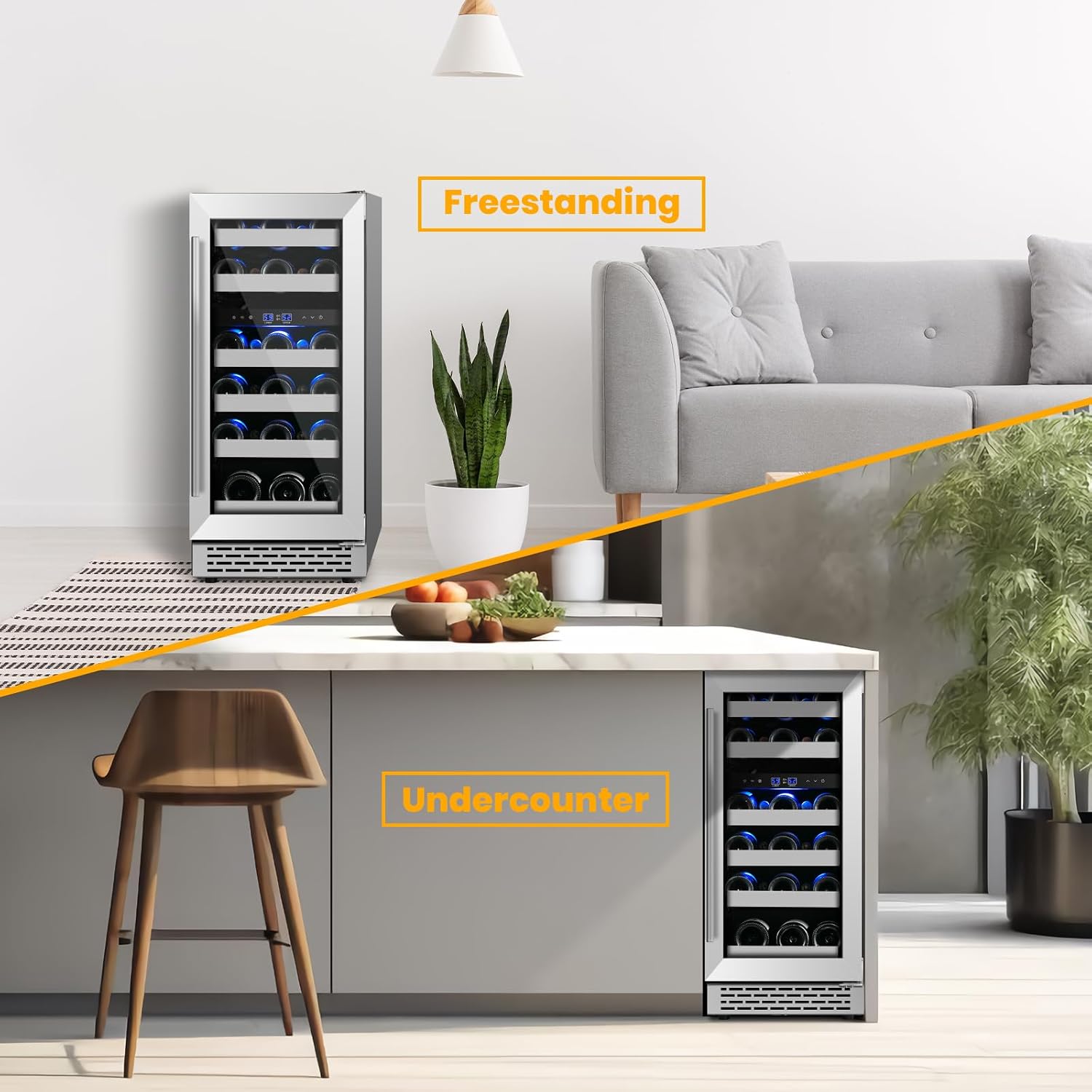 Wine Fridge Freestanding,15 Inch Wine Cooler Under Counter,28 Bottle Built-in Dual Zone Wine Refrigerator with Stainless Steel Reversible Door for Home and Kitchen
