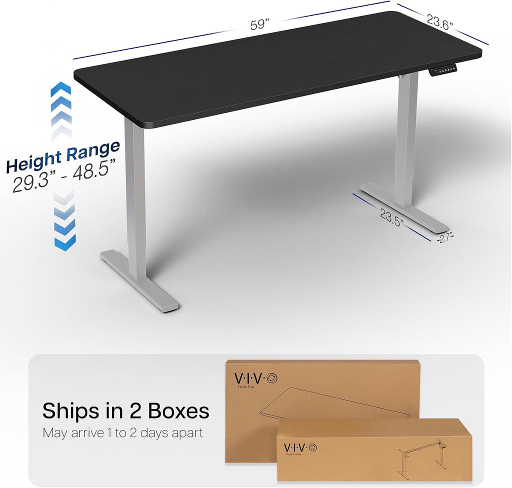 VIVO Electric 60 x 24 in Standing Desk, Memory Height Adjustment, 1B Series, Holds 220 lbs, One-Piece Black Top, Gray Frame, DESK-KIT-1G6B