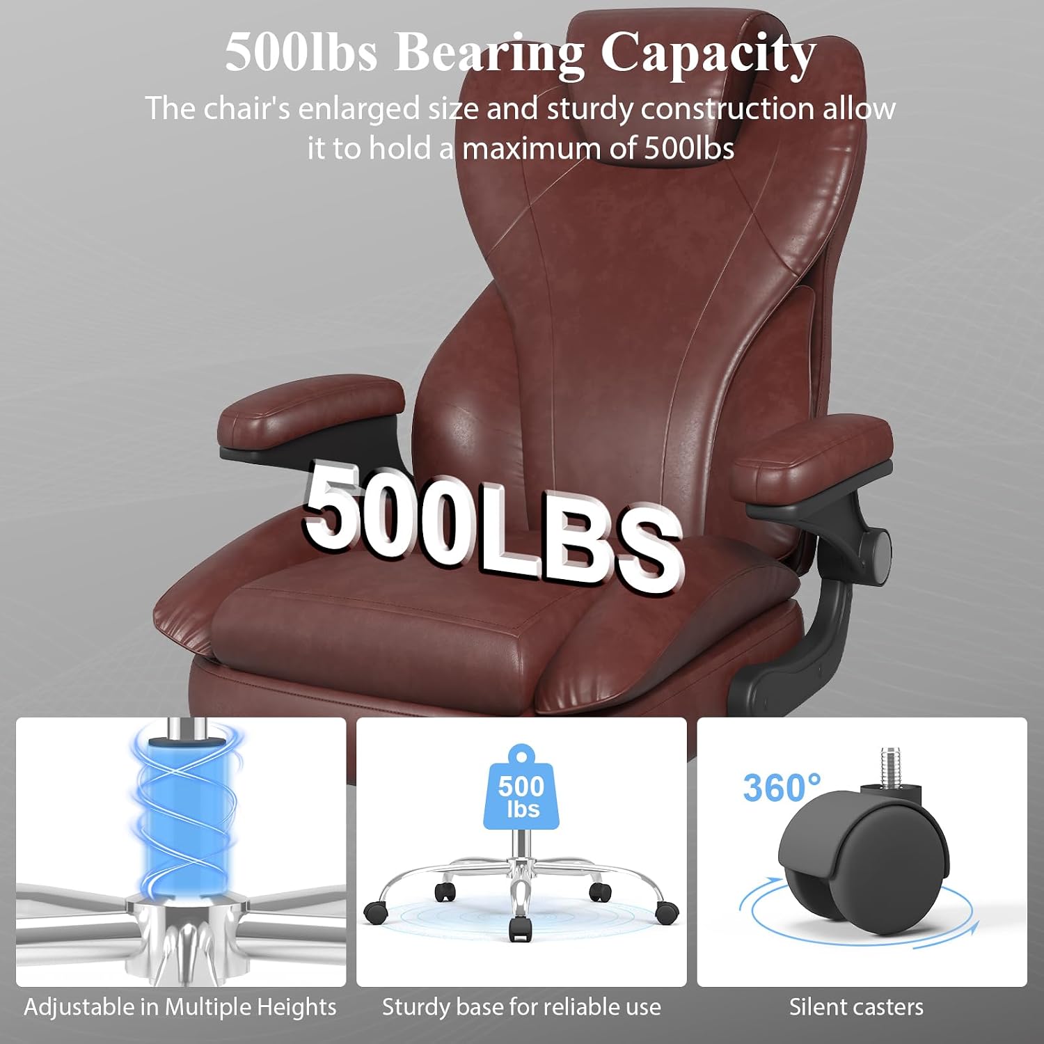 Office Desk Chair, Executive Leather Office Chair, High Back Ergonomic Home Desk Chair with Padded Flip-up Arms, Big and Tall Computer Chair with Rocking Function, 360°Swivel Free, Brown