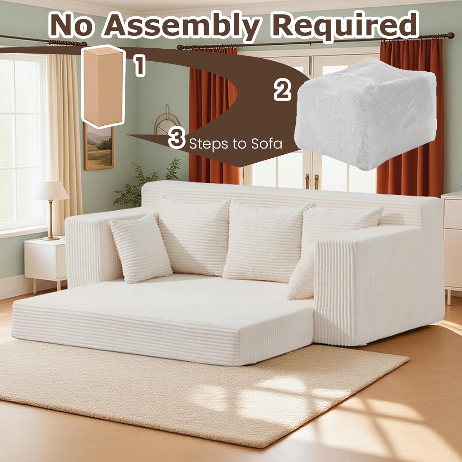 3 Seater Boneless Couch for Living Room, Convertible Futon Sofa Bed Comfy Pull Out Couch with 5 Pillows & Detachable Washable Cover, Upholstered Floor Sofa in A Box, No Assembly Required, Beige