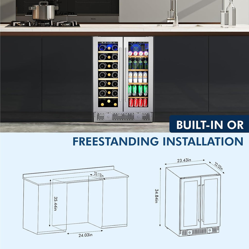 Antarctic Star Dual Zone Wine and Beverage Refrigerator, 24 Inch 4.4 Cu.Ft Built-in or Freestanding Under Counter Cooler with French Glass Doors, Fits 21 Bottles and 88 Cans, Digital Touch Control