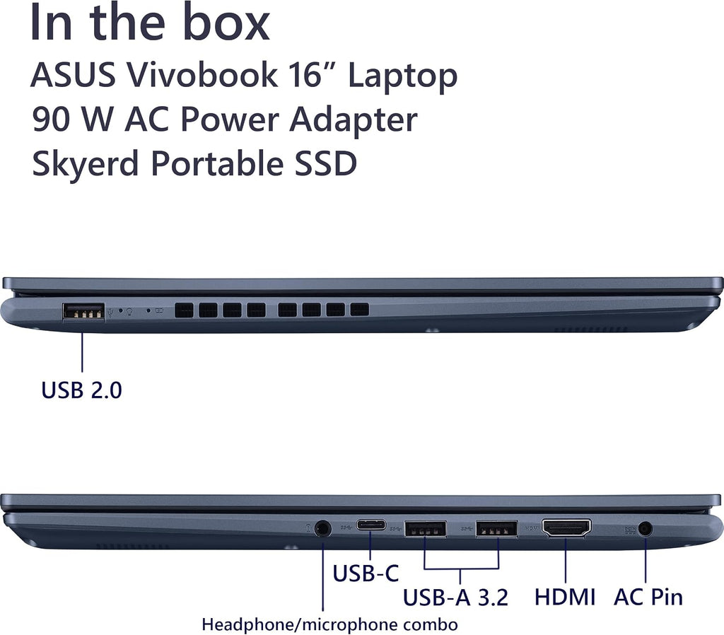 ASUS Vivobook 16 Laptop, 16'' WUXGA (1920 * 1200) Screen, AMD Ryzen 7 5800HS Processor, 16GB RAM, 1TB SSD, HDMI, Webcam, Wi-Fi 6, Type-C, Skyerd 128GB Portable SSD, Windows 11 Home, Blue, M1603