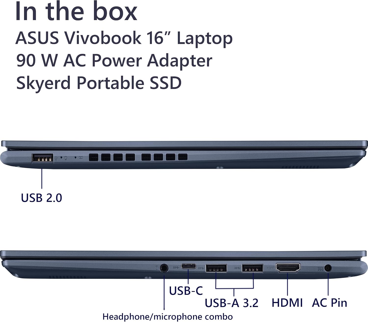 ASUS Vivobook 16 Laptop, 16'' WUXGA (1920 * 1200) Screen, AMD Ryzen 7 5800HS Processor, 16GB RAM, 1TB SSD, HDMI, Webcam, Wi-Fi 6, Type-C, Skyerd 128GB Portable SSD, Windows 11 Home, Blue, M1603