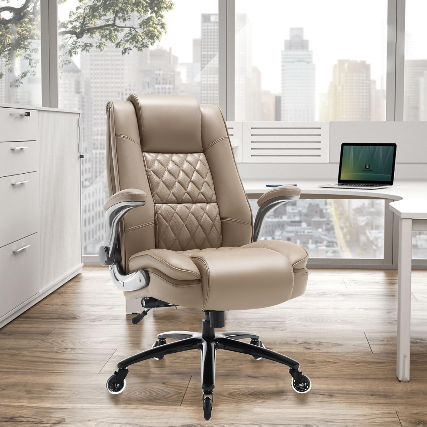EZAKI High Back Office Chair-Flip-up Arms Executive Computer Desk Chair, Built-in Lumbar Support Thick Padded Adjustable Rock Tension Ergonomic Design for Back Pain