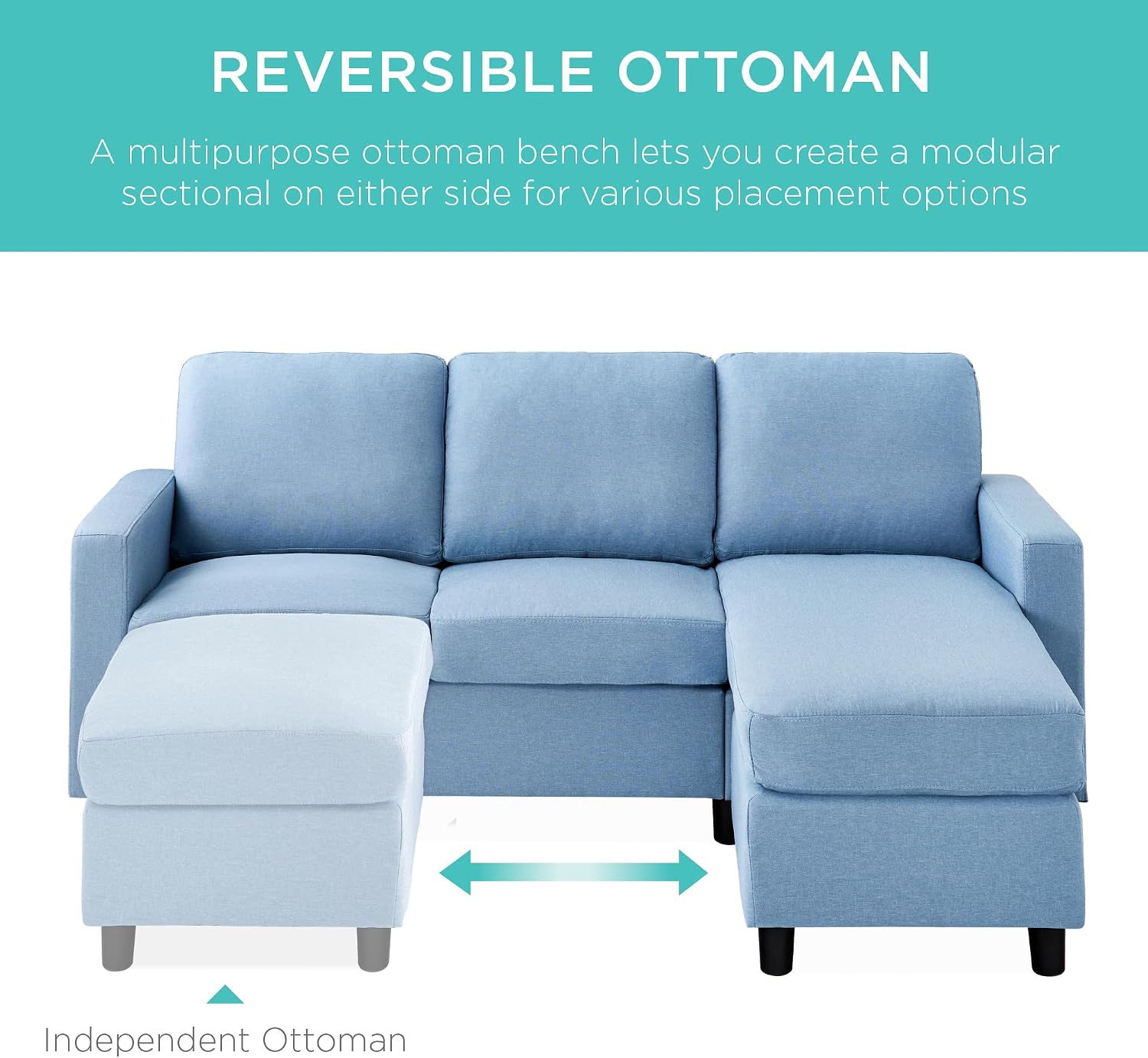 Best Choice Products Upholstered Sectional Sofa for Home, Apartment, Dorm, Bonus Room, Compact Spaces w/Chaise Lounge, 3-Seat, L-Shape Design, Reversible Ottoman Bench, 680lb Capacity - Light Blue