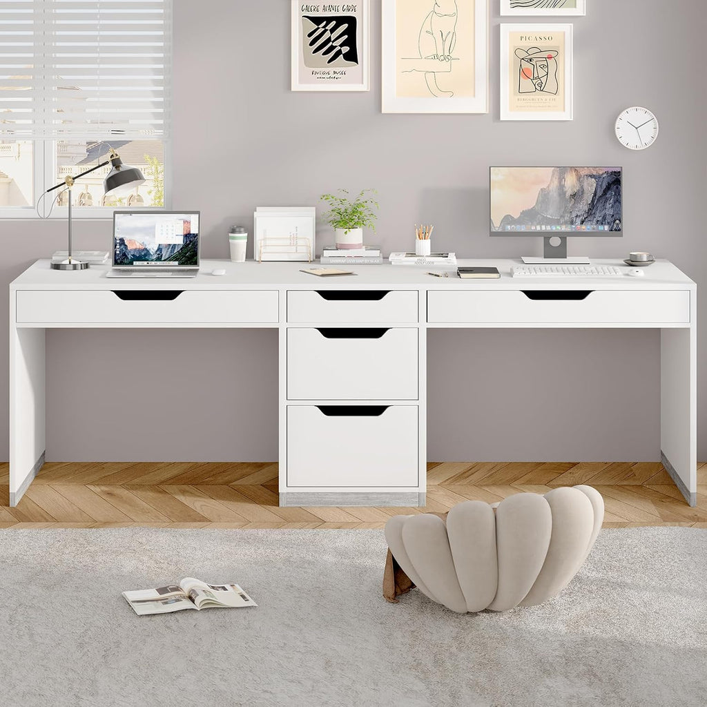 MaverickFurni Two Person Desk with 5 Drawers, Double Desk with Storage for 2 People, 78 Inch Extra Long White Desk Workstation with File Drawer for Home Office, White