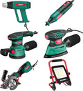 HYCHIKA Power Tool Combo Kit,1800W Heat Gun, 180W Rotary Tool,6.2A Mini Circular Saw, Orbital Sander,Detail Sander,50W LED Work Light,6-Tool Power Tool Sets