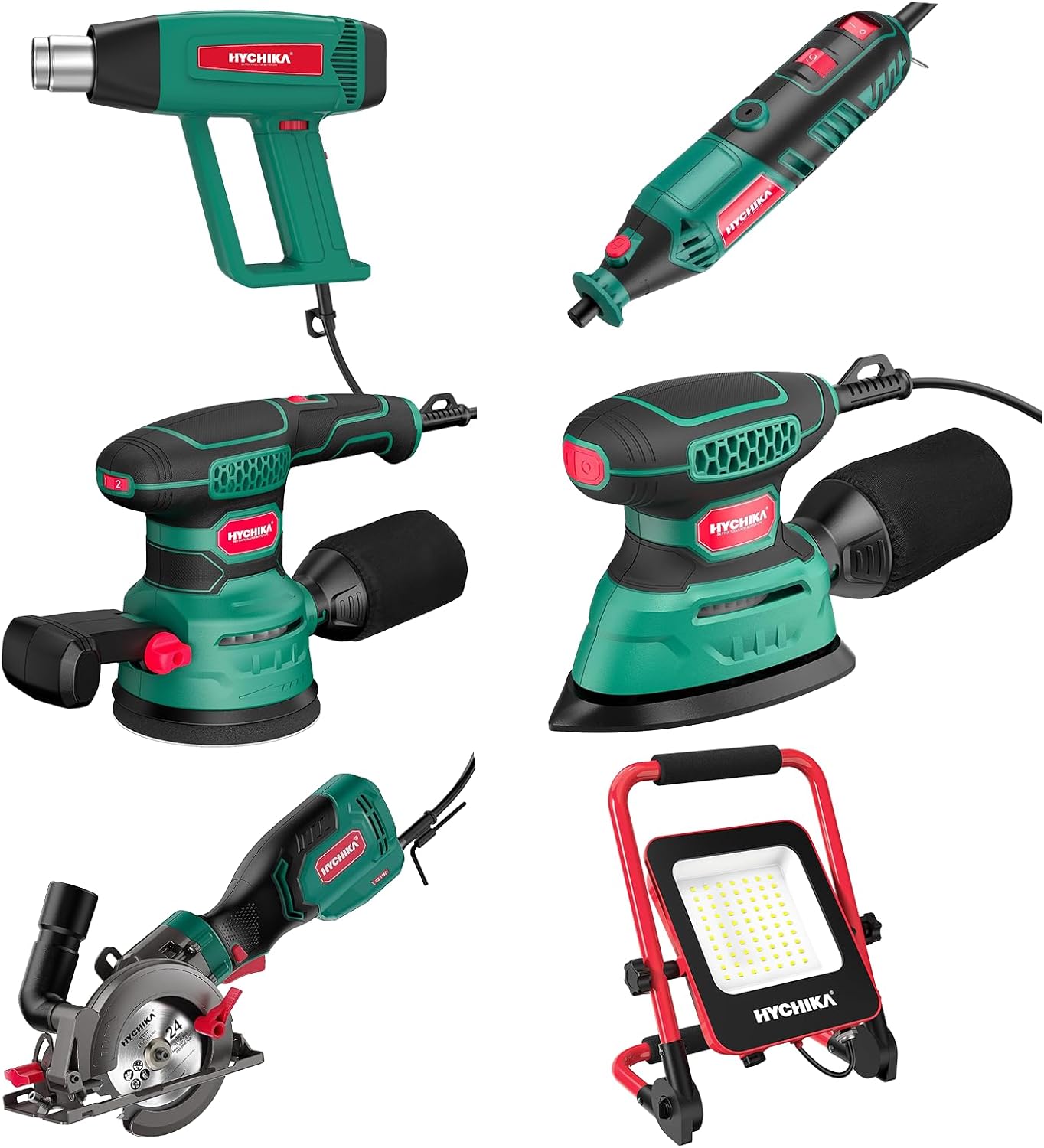 HYCHIKA Power Tool Combo Kit,1800W Heat Gun, 180W Rotary Tool,6.2A Mini Circular Saw, Orbital Sander,Detail Sander,50W LED Work Light,6-Tool Power Tool Sets