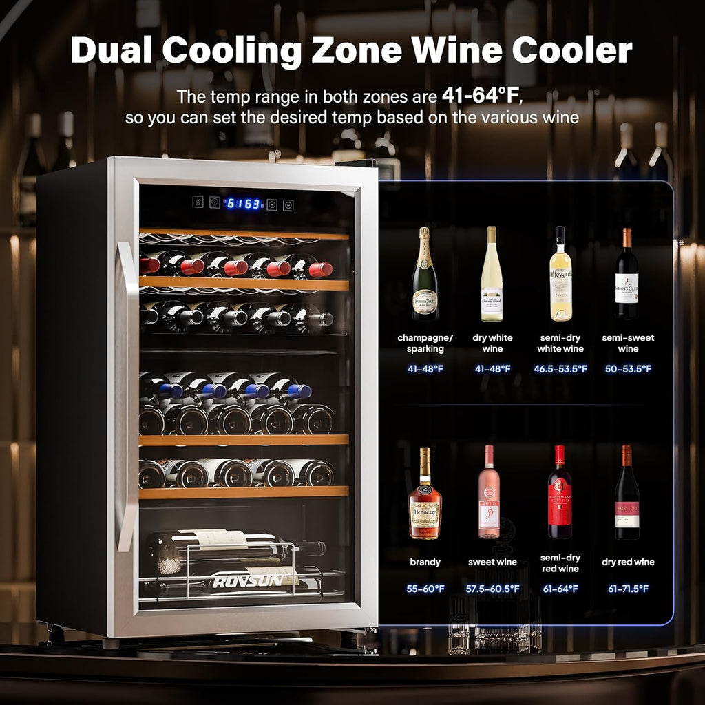 ROVSUN Dual Zone Beverage Cooler Refrigerator, 33 Bottle Chiller with Glass Door & Digital Temperature Control, Freestanding for Wine, Champagne, Beer