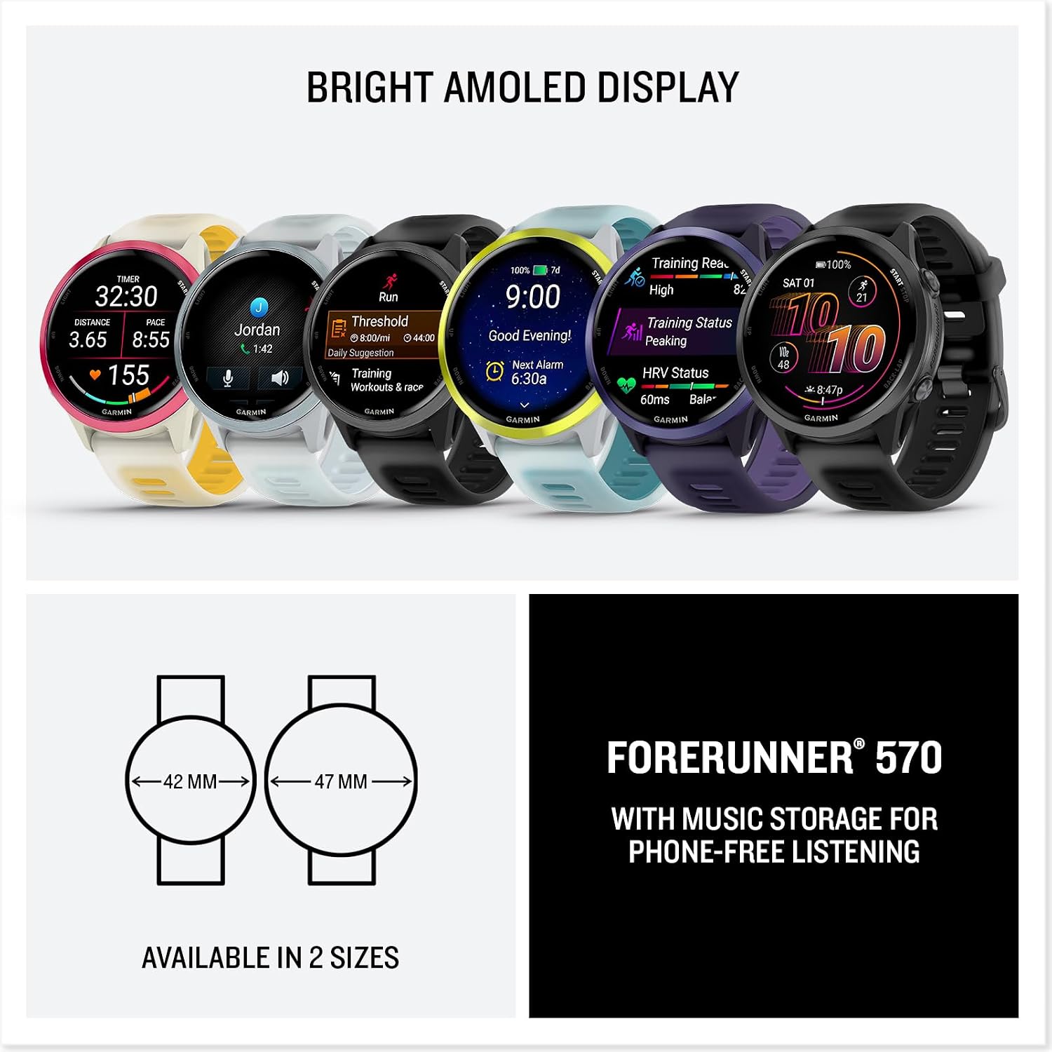 Garmin® Forerunner® 570, 42mm, Advanced GPS Running and Triathlon Smartwatch, AMOLED Display, Training and Recovery Features, Slate Gray Aluminum with Translucent Black/Black Band