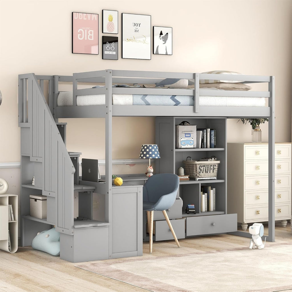MERITLINE Twin Size Loft Bed with L-Shaped Desk,Storage Staircase,and Guardrails,Wood High Loft Bed with Storage Bookcase and 4 Drawers,for Adults, No Box Spring Needed (Grey)