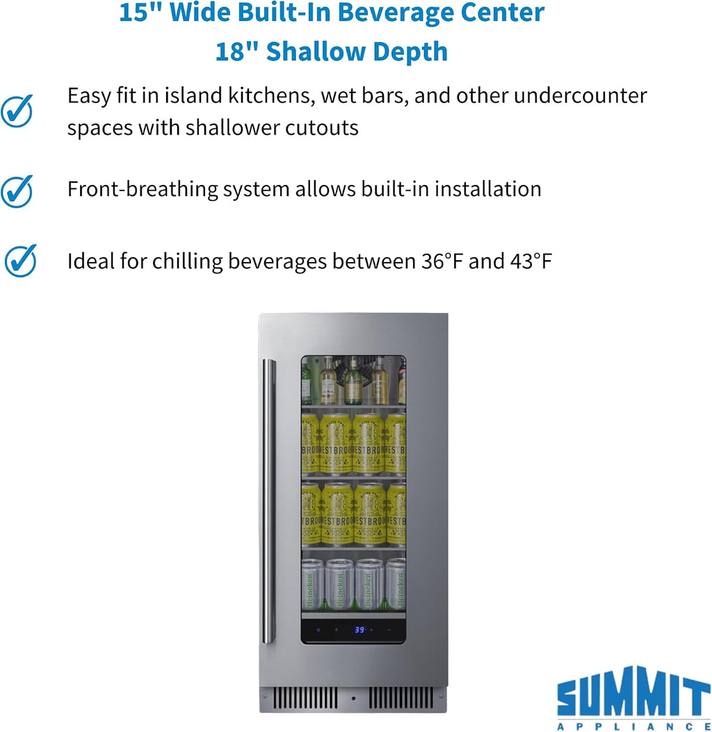 Summit 15' Built-In Beverage Center, Shallow 18' Depth Refrigerator, Commercially Approved, Stainless Steel - SDHG1533