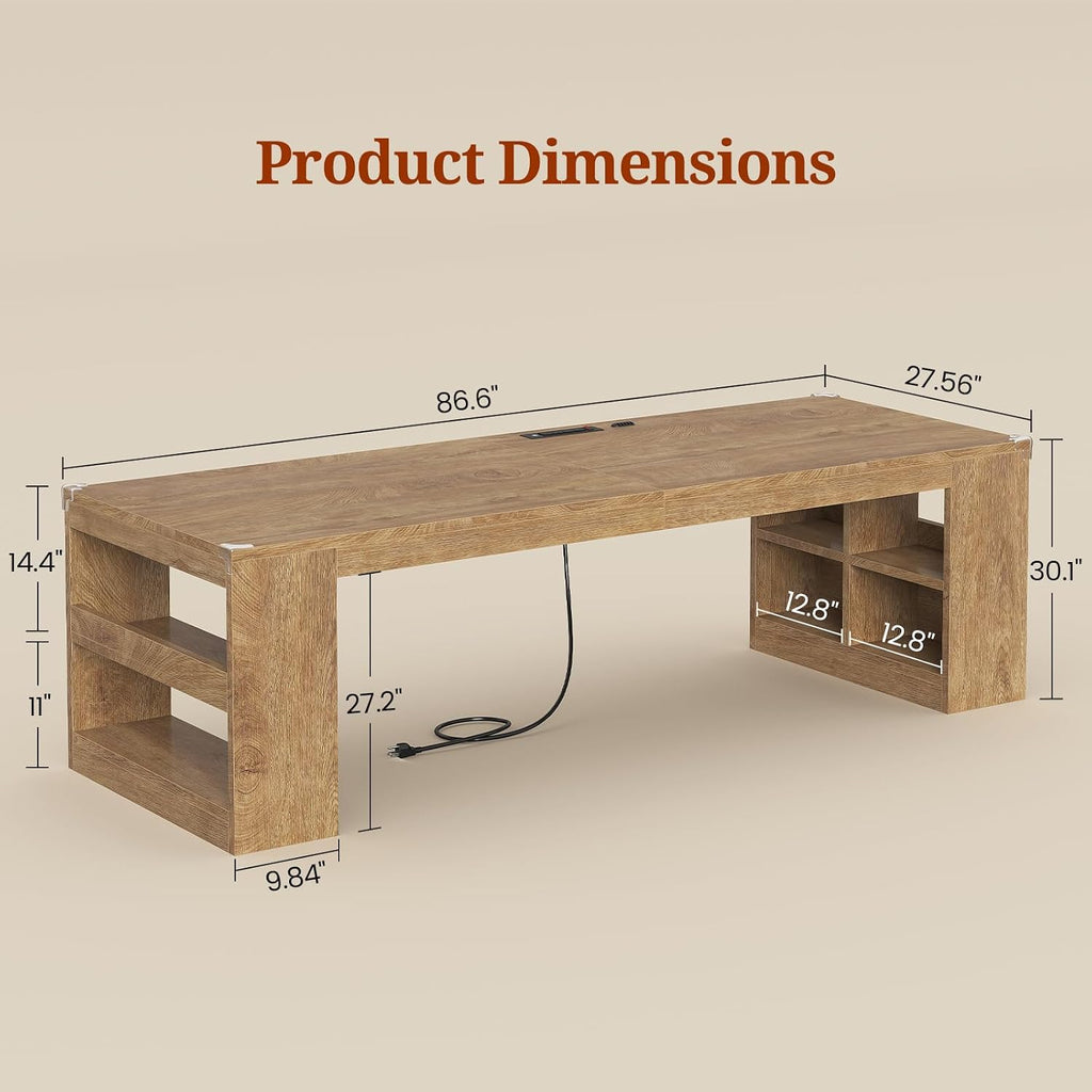 UPOSOJA 2 Person Desk with Power Outlet, 86.6' Wood Office Desk with Cable Management & Storage Shelves, Extra Long Computer Desk, Two Person Gaming Desk, Double Writing Table for Home Office, Oak