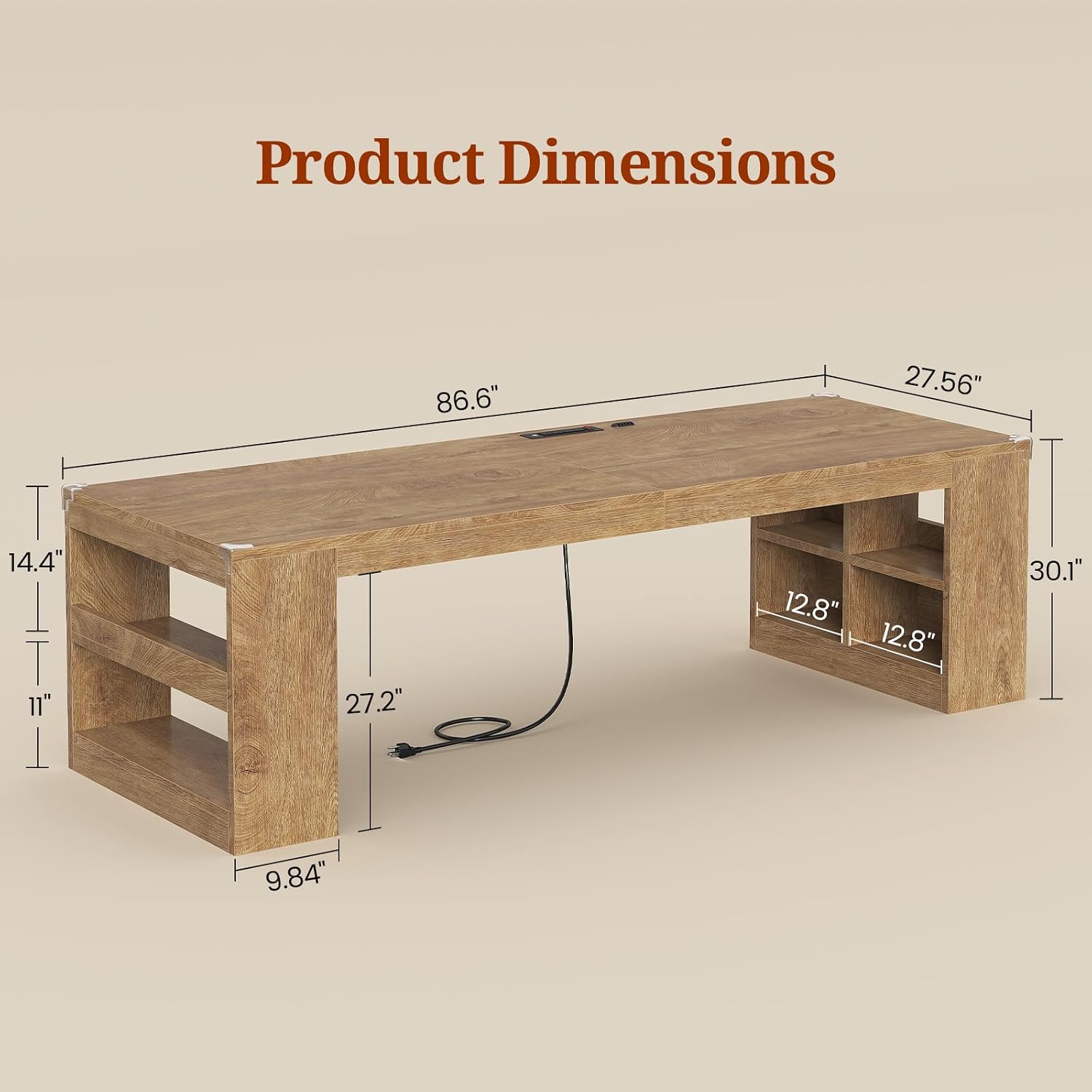 UPOSOJA 2 Person Desk with Power Outlet, 86.6' Wood Office Desk with Cable Management & Storage Shelves, Extra Long Computer Desk, Two Person Gaming Desk, Double Writing Table for Home Office, Oak