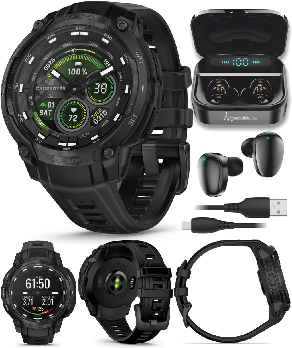 Garmin Instinct Crossover Tactical Edition Rugged Hybrid GPS Smartwatch, 1.2' AMOLED Sapphire, Analog Hands, Jumpmaster Activity, Applied Ballistics Black Earbuds Bundle