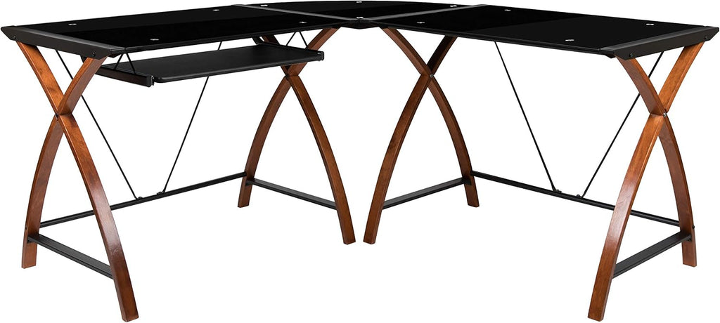 EMMA + OLIVER Black Glass L-Shape Corner Computer Desk with Pull-Out Keyboard Tray