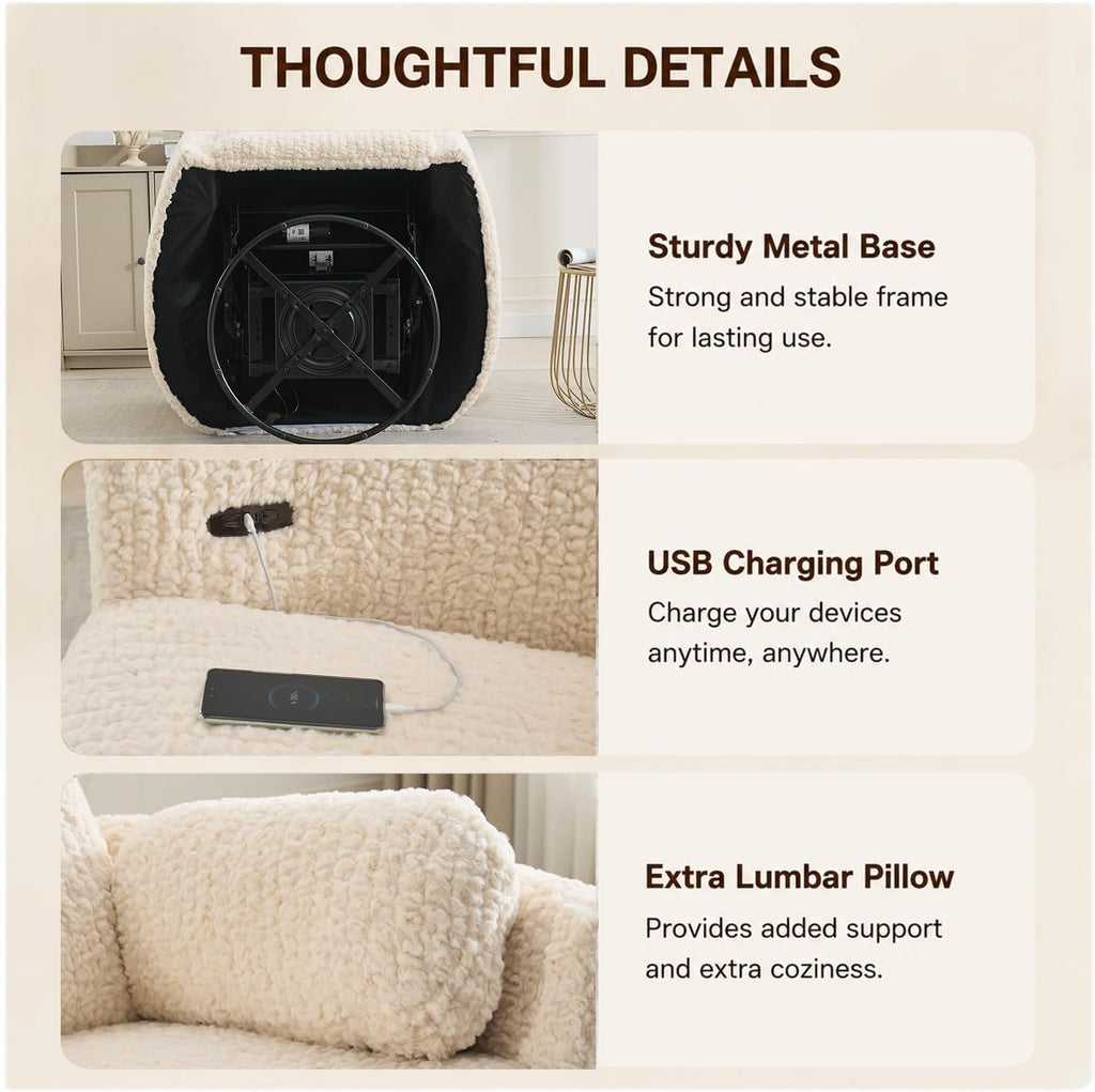 Nursery Rocking Chair, Boucle Upholstery Recliner with 2 Pillow, Swivel Glider Reclinerr, Power Reclining Sofa Chair for Living Room/Office/Apartment/Off-White