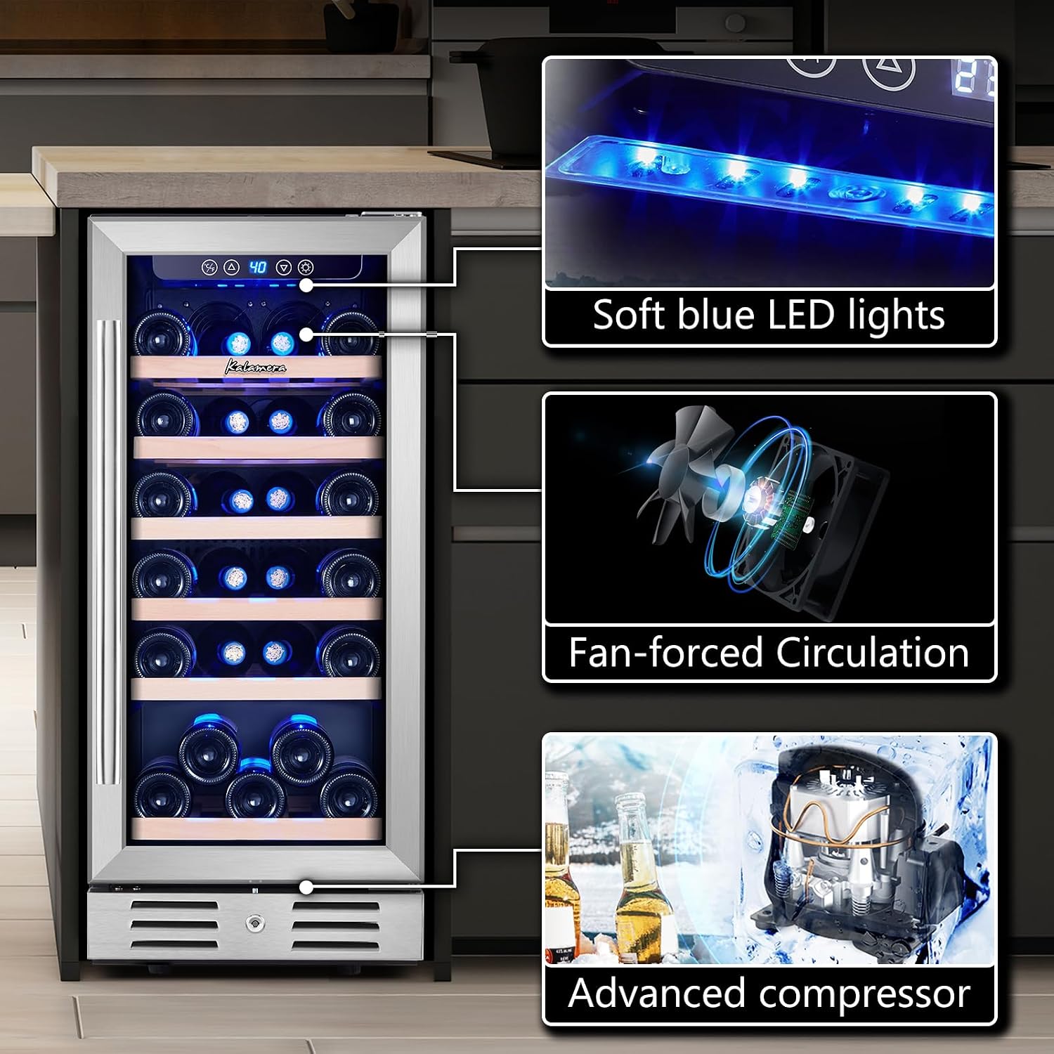 Kalamera 15 Inch Wine Fridge, 28 Bottle Wine Cooler Refrigerator, 40-66℉ Digital Temperature Control,Built-in or Freestanding