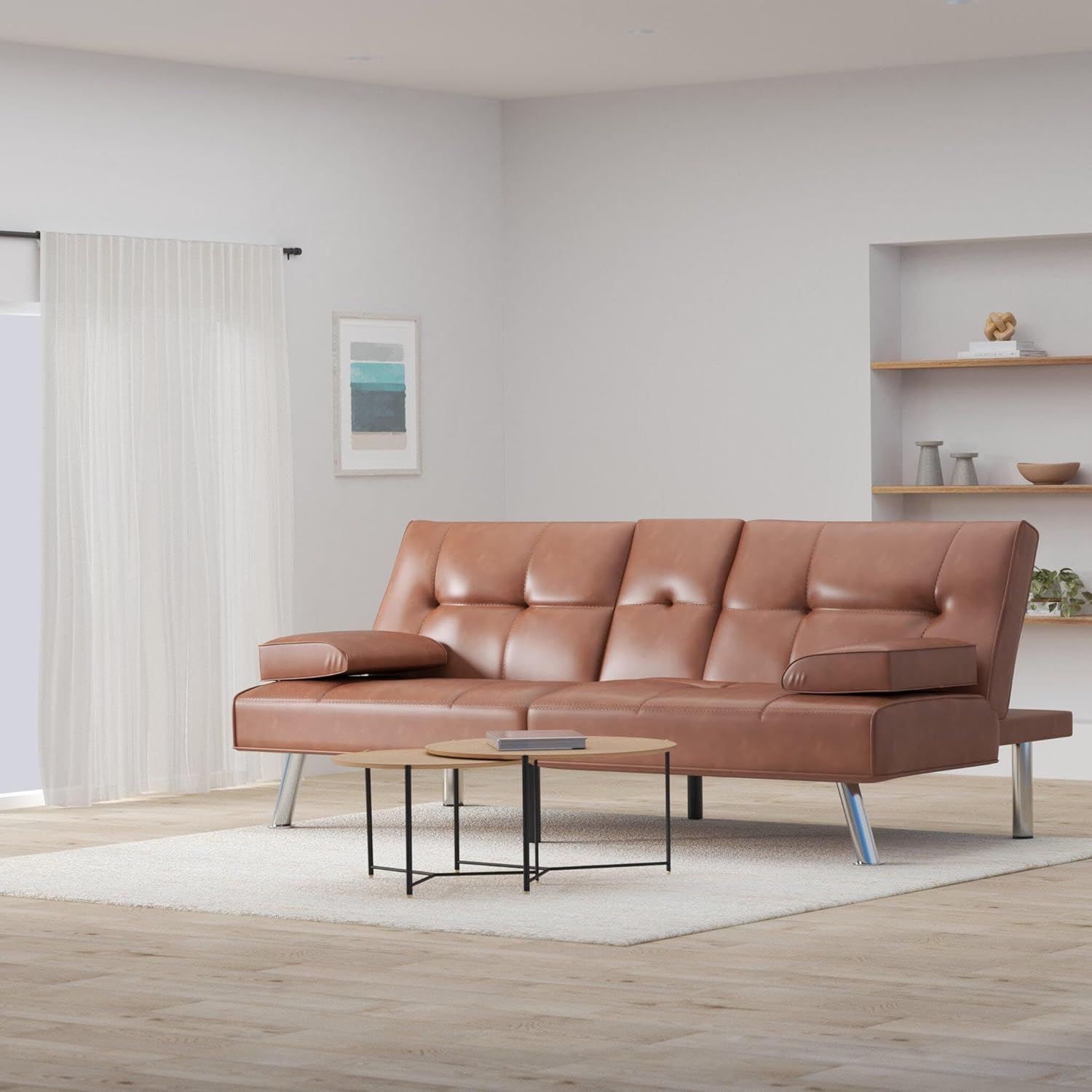 Best Choice Products Faux Leather Upholstered Modern Convertible Futon, Adjustable Folding Sofa Bed, Guest Bed w/Removable Armrests - Tan