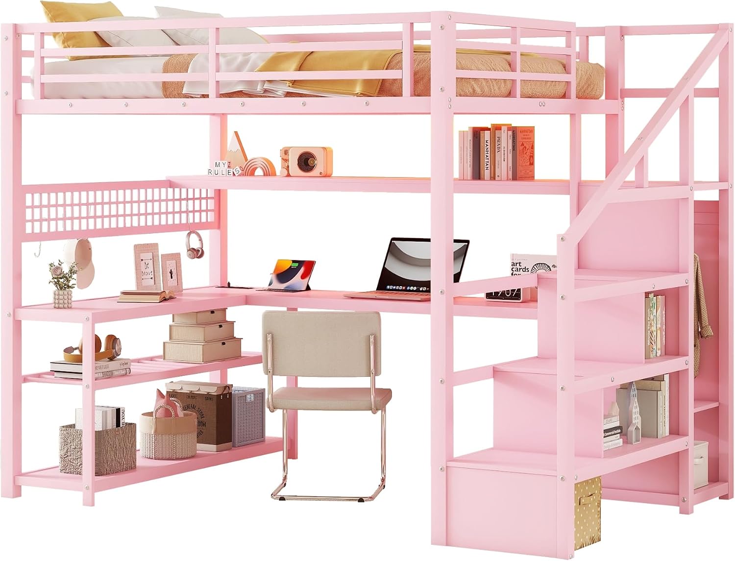 Full size Loft Bed with LED Light and Stairs, Metal Loft Bed Frame with Desk, Storage Drawers & Shelves, Hanging Rod, Gaming Lofts Beds with Charging Station for Adults Teens Kids Gamer, Pink