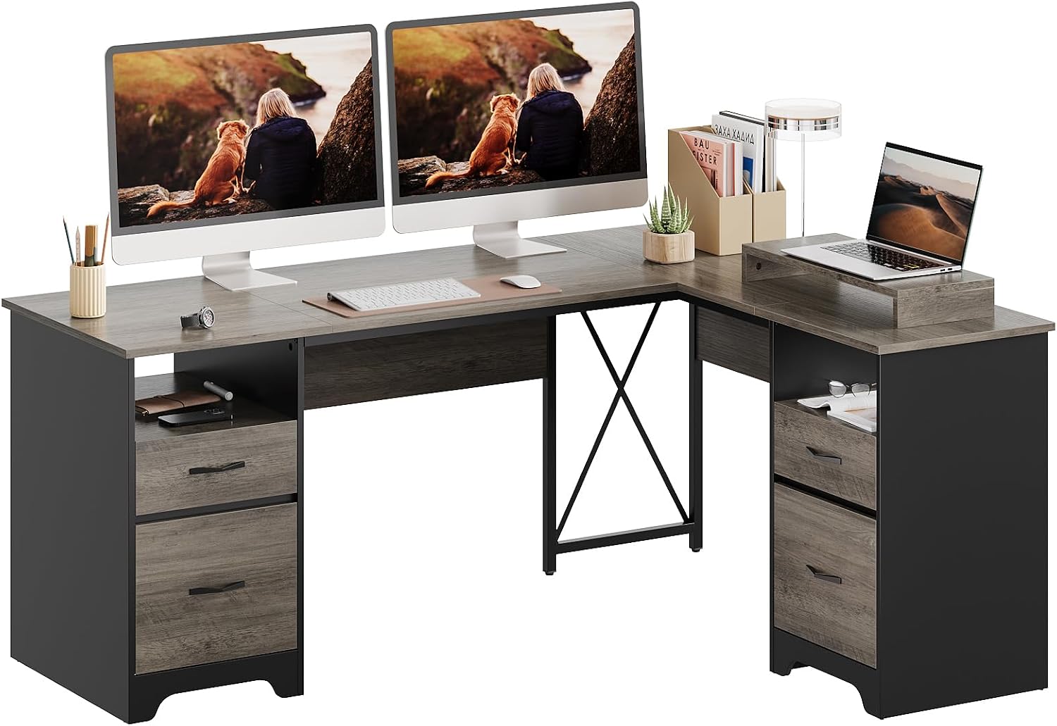 Bestier L Shaped Desk with 4 Drawers, 63' x 47' Executive Desk with Open Storage & Monitor Stand, Corner Desk with 2 File Drawers & Modesty Panel for Home Office, Gray