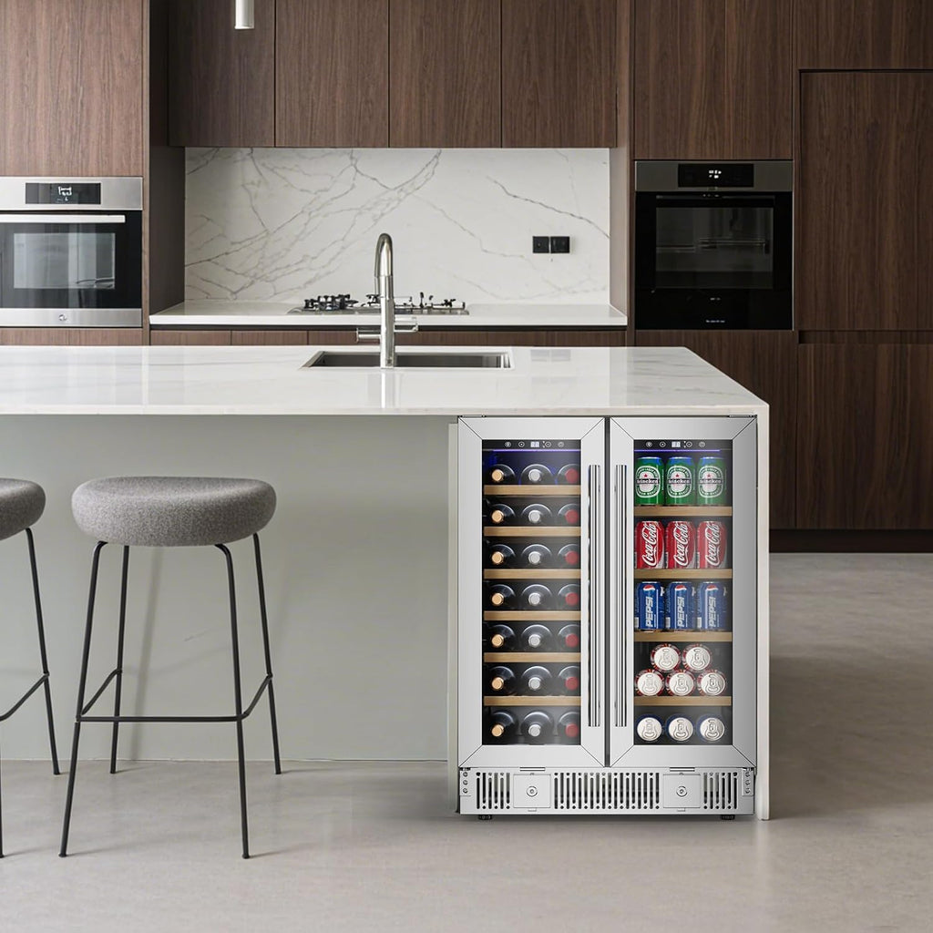 TABU Wine and Beverage Refrigerator, 24 Inch Dual Zone Wine Cooler with Glass Door&Lock, Built-in or Freestanding Beverage Fridge Hold 21 Bottles and 88 Cans