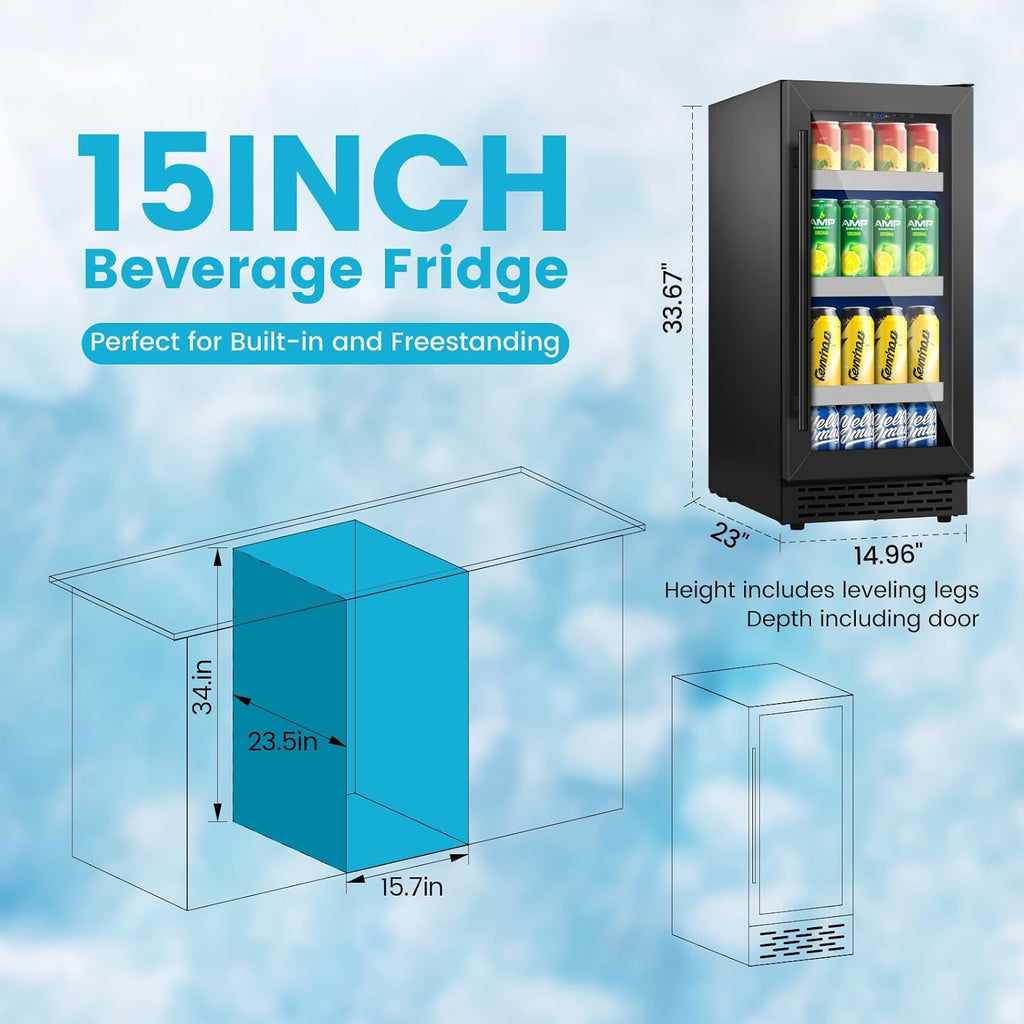15 Inch Black Beverage Refrigerator, 130 Cans Beverage Cooler Under Counter,Freestanding 37-65°F Mini Beverage Fridge with Glass Door& Stainless Steel Shelves