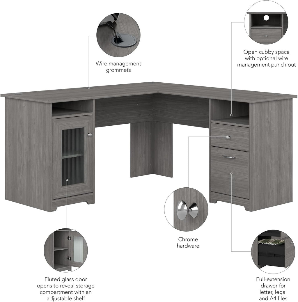 Bush Home Cabot 60W L Shaped Computer Desk with Storage in Modern Gray, 60-inch Corner Table with Drawers for Home Office Workspace