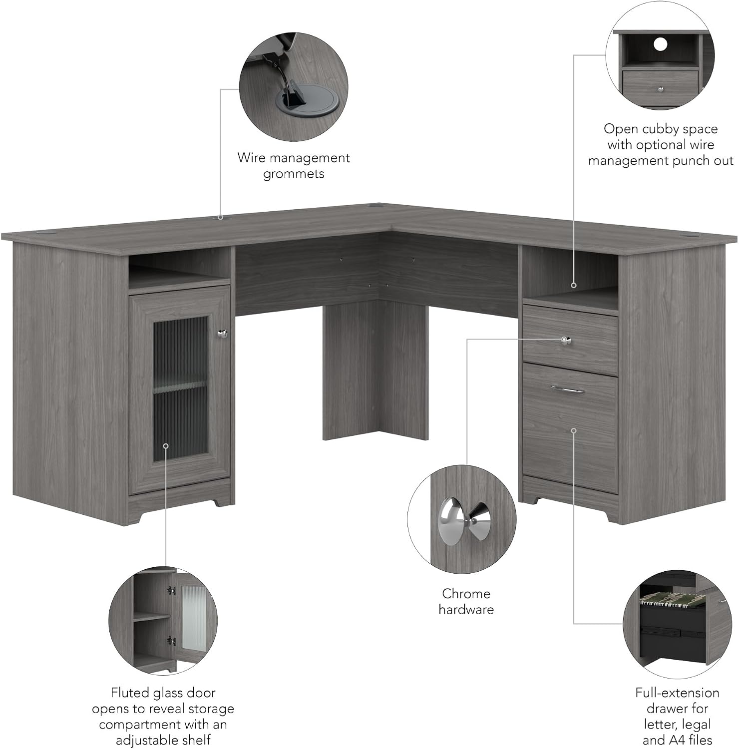 Bush Home Cabot 60W L Shaped Computer Desk with Storage in Modern Gray, 60-inch Corner Table with Drawers for Home Office Workspace