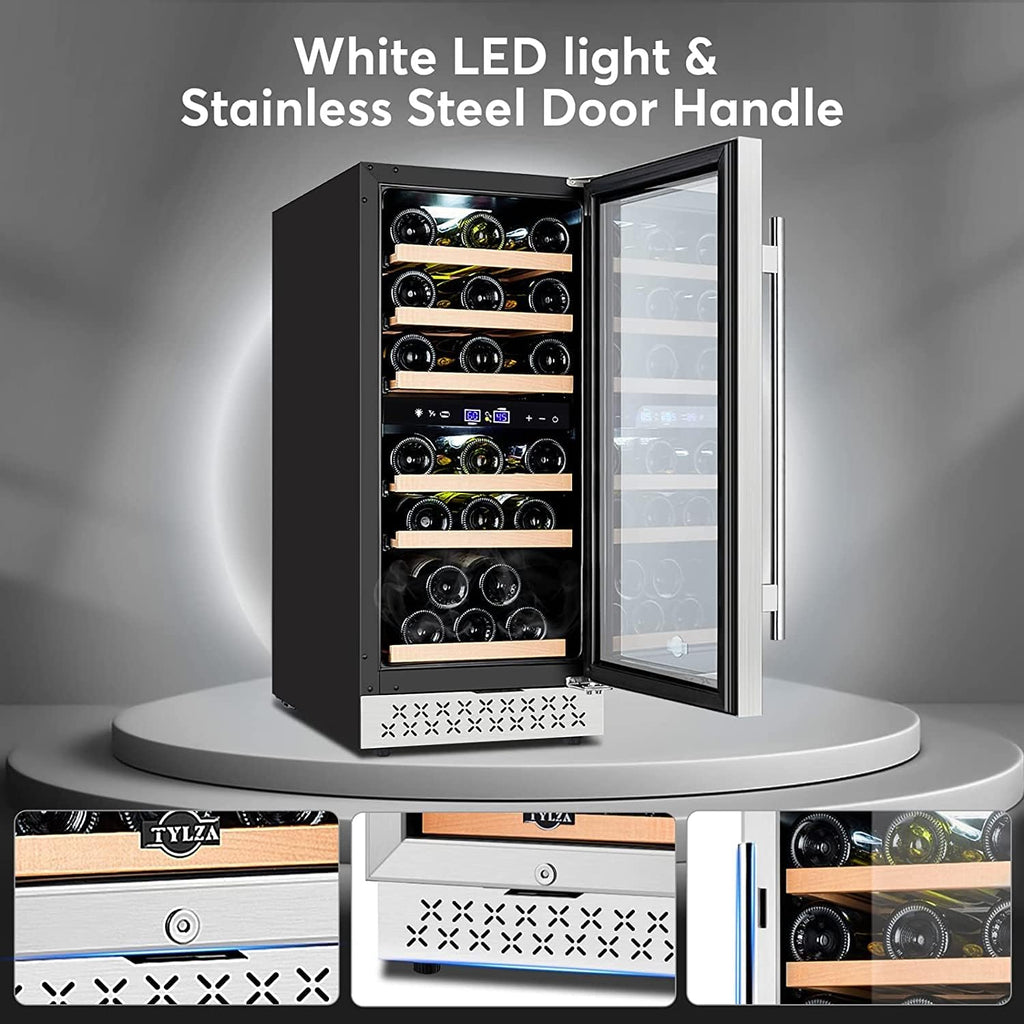 Tylza Mini Fridge 15 Inch Wine Cooler Under Counter, 30 Bottles Dual Zone Wine Fridge with Safty Lock, Wine Refrigerator Freestanding, Built-in Wine Cellars