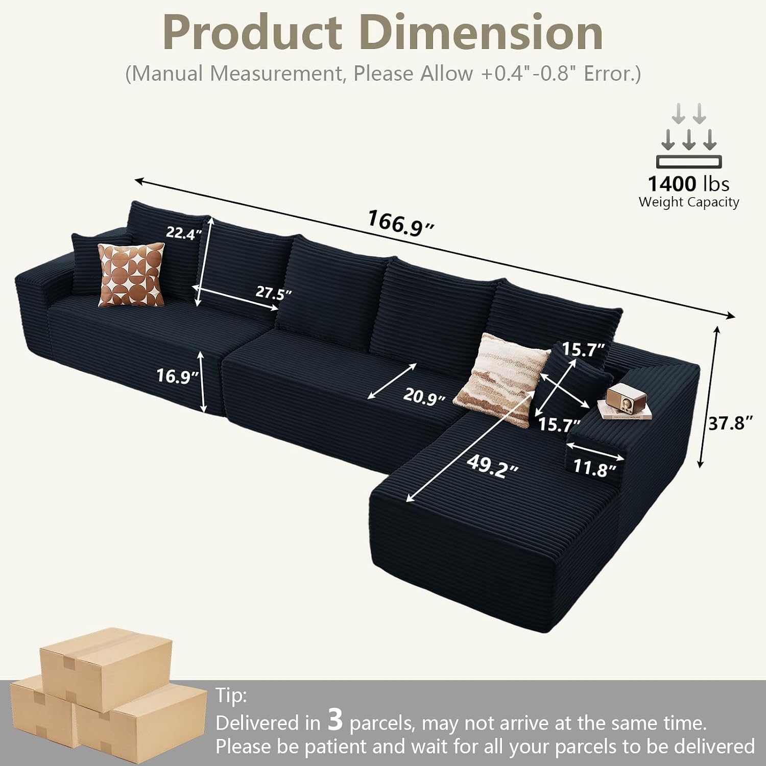 166.9' Cloud Sectional Couch with L-Shape Chaise, Upholstered Corduroy Couches Sleeper with Deep Seat, Modern Modular Comfy Sofa Chaise Longue for Living Room Bedroom, No Assembly Required, Black