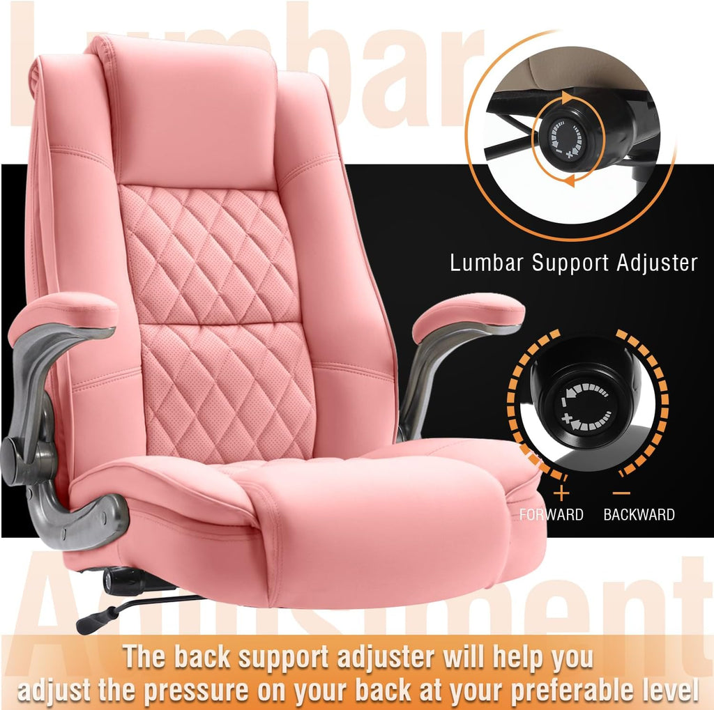 High Back Office Chair- Flip Arms Adjustable Built-in Lumbar Support, Executive Computer Desk Chair Work Chairs, Thick Padded Strong Metal Base Quiet Wheels, Ergonomic Design for Back Pain